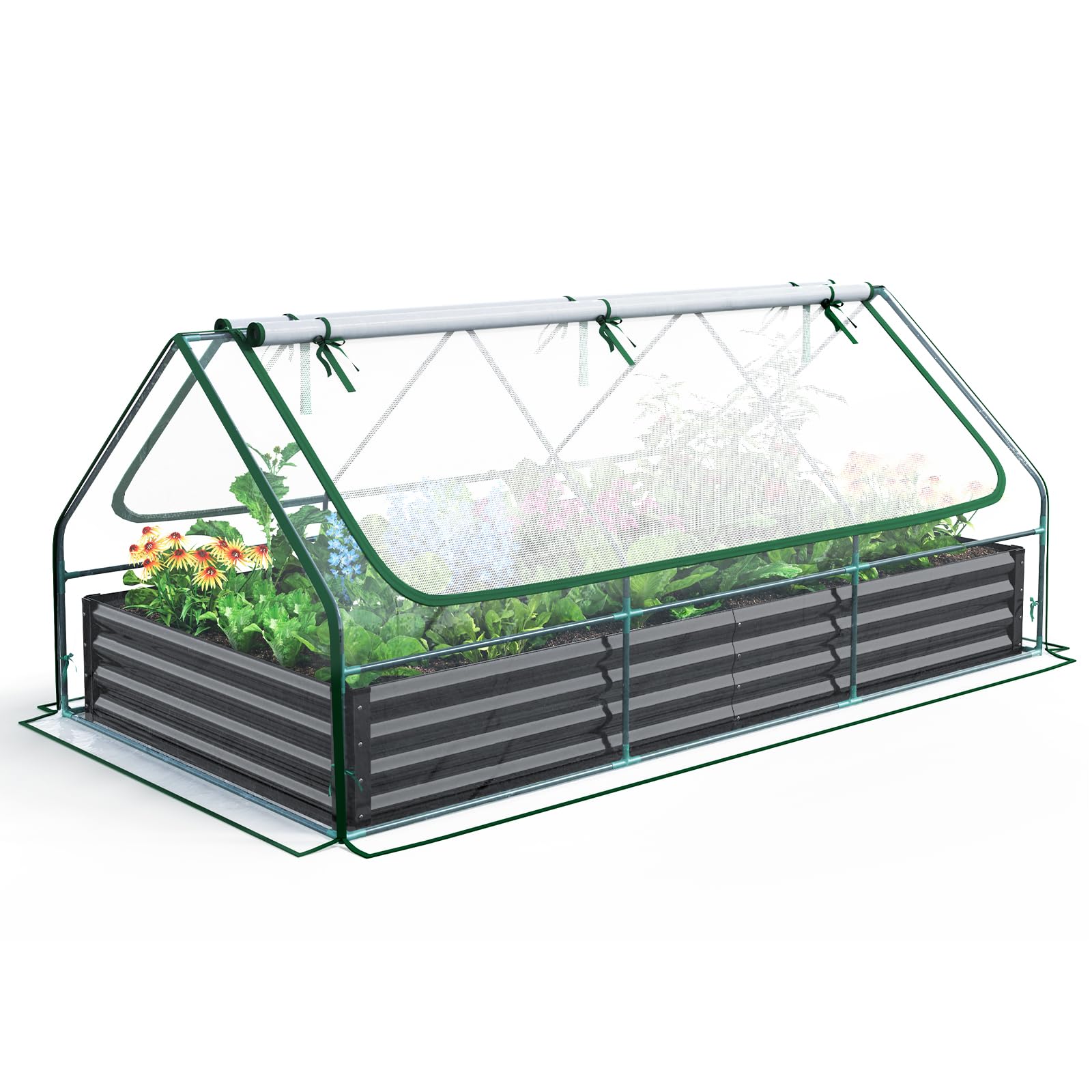 Quictent Jardineras Elevadas de Metal Galvanizado con Cubierta de Mini Invernadero, Macetero 3 en 1 Grande para Jardines, Patios y Terrazas, 240x120x30cm