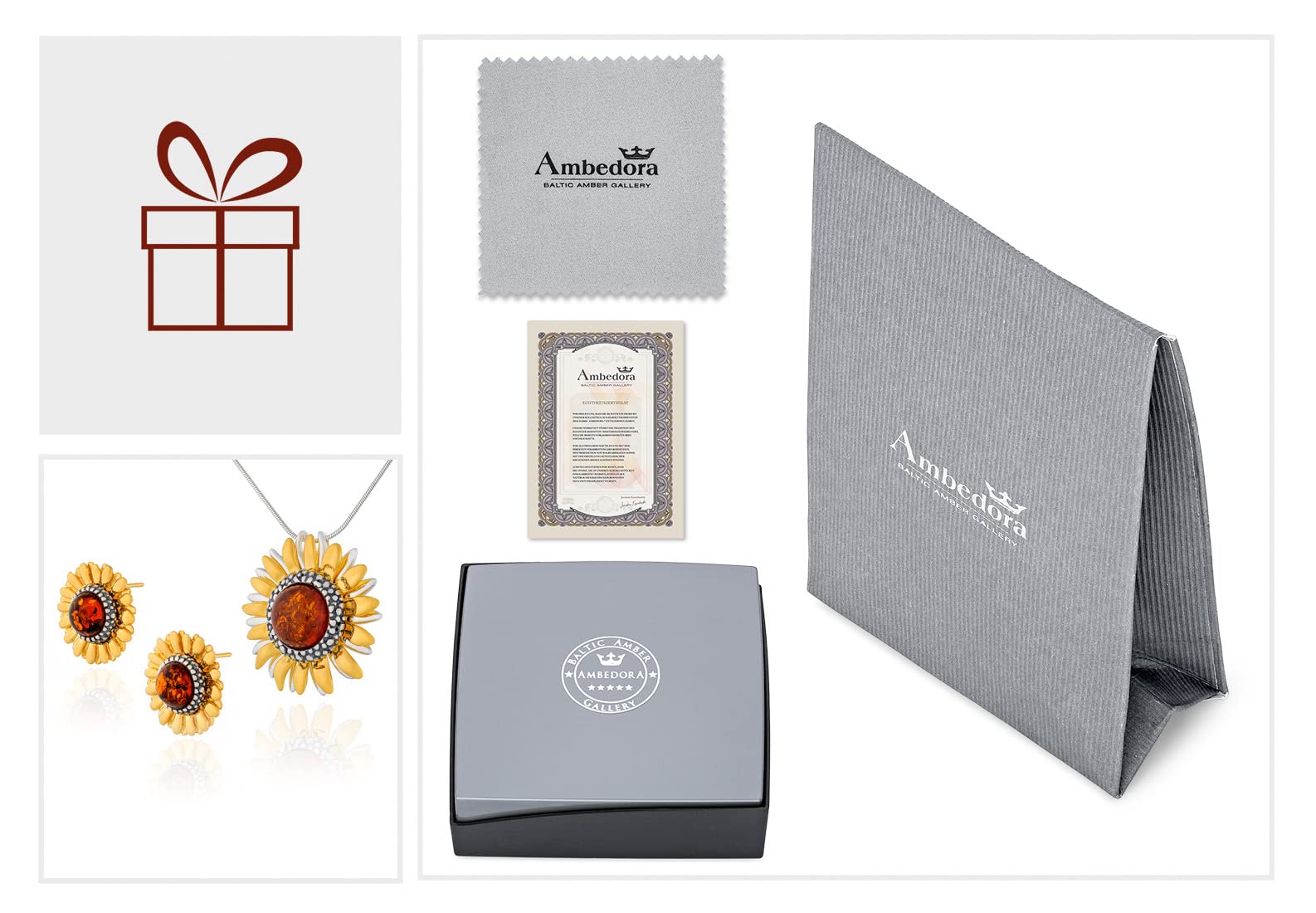 Set di gioielli da donna in argento sterling placcato oro, ambra baltica color cognac, ciondolo placcato oro su collana e orecchini, Argento sterling, Ambra