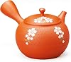 Japanese Kyusu Round Teapot, Traditional Tokoname Ceramic, 320cc, Orange and Shidarezakura Tamahikari Cherry Blossoms, with Built-in Filter, Made in Japan