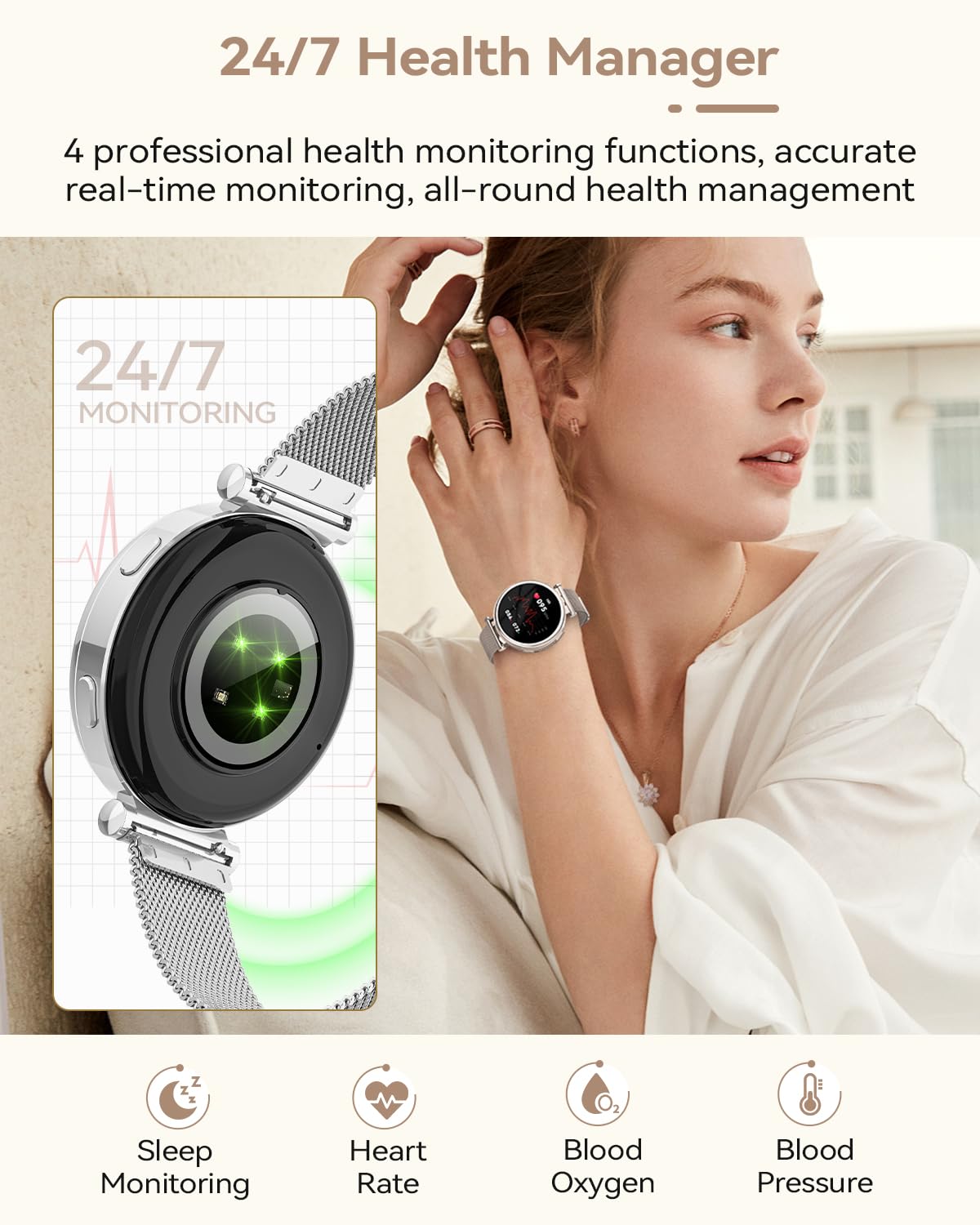 Fitnynxos Smartwatch Donna, 1.27" HD Orologio Smartwatch con Chiamate, 120+ Sport, 24h Cardiofrequenzimetro Ciclo Mestruale SpO2 Sonno IP68 Contapassi Notifiche WhatsApp per iOS Android Argento Regalo