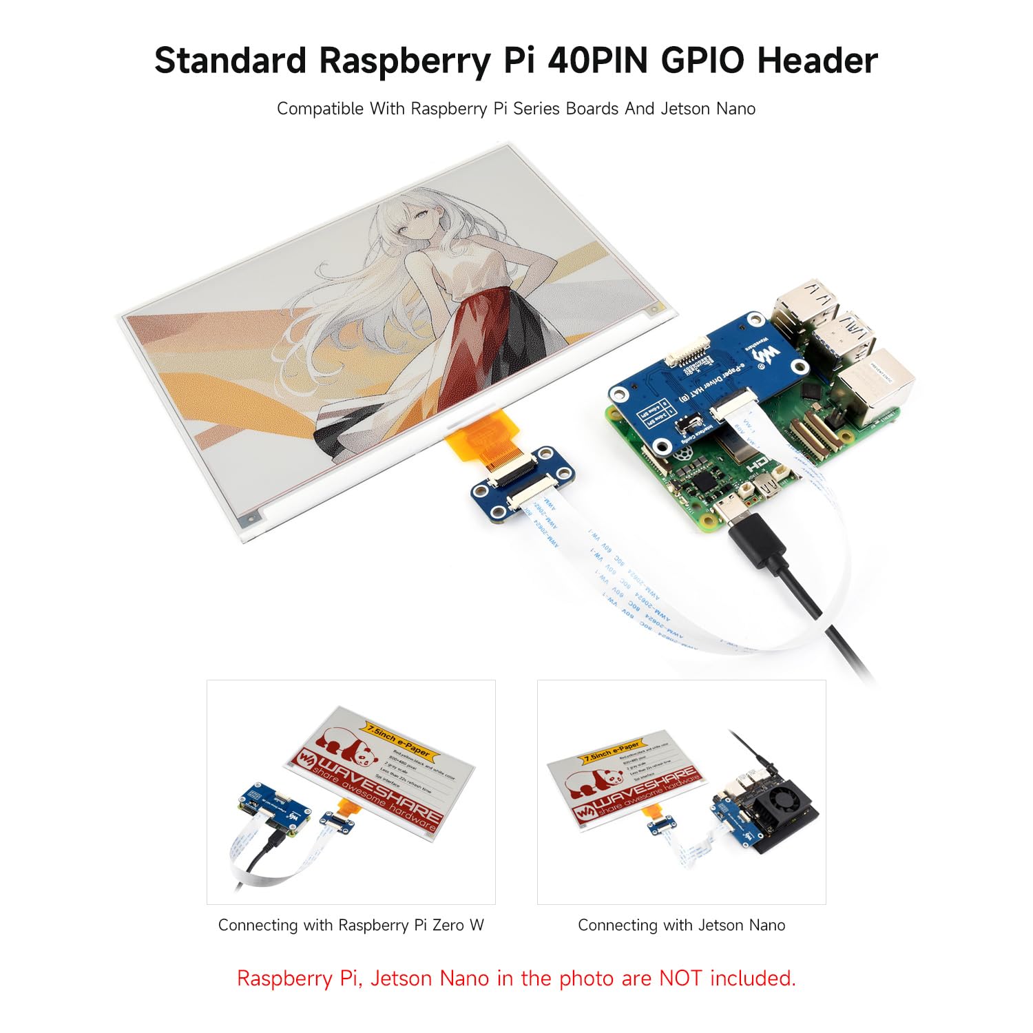 Waveshare 7.5inch e-Paper Display (H), e-Ink Display, 800x480, Red/Yellow/Black/White, SPI Interface, Without Driver Board, Raw Display Only