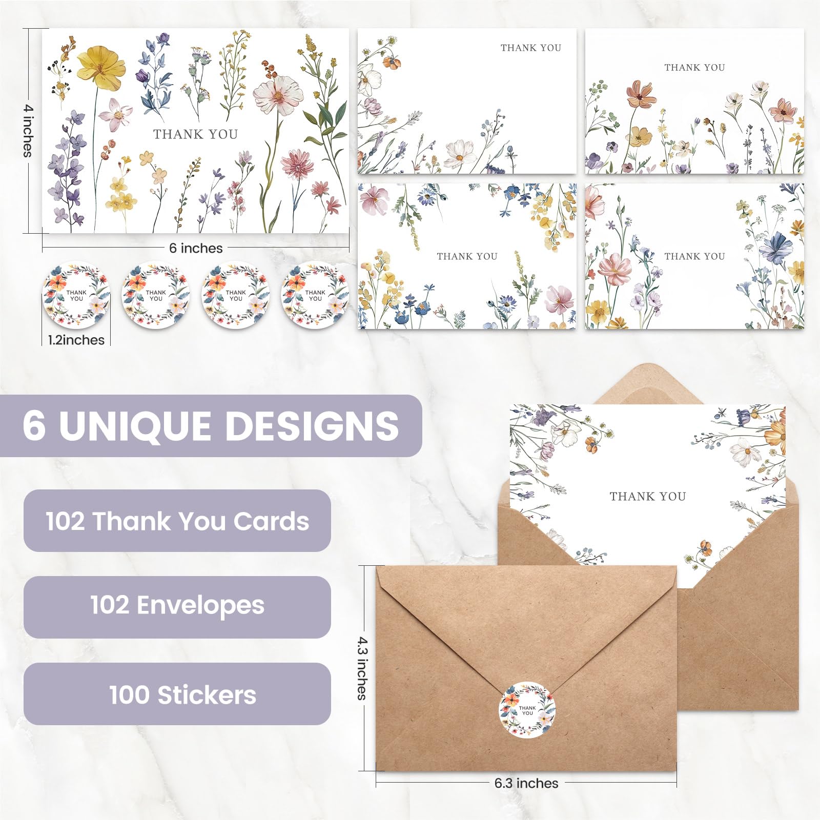 XXINMOH Paquete de 102 tarjetas de agradecimiento florales con sobres (4 x 6 pulgadas), tarjetas en blanco de flores silvestres con sobres adhesivos y calcomanías a juego para bodas, despedidas de