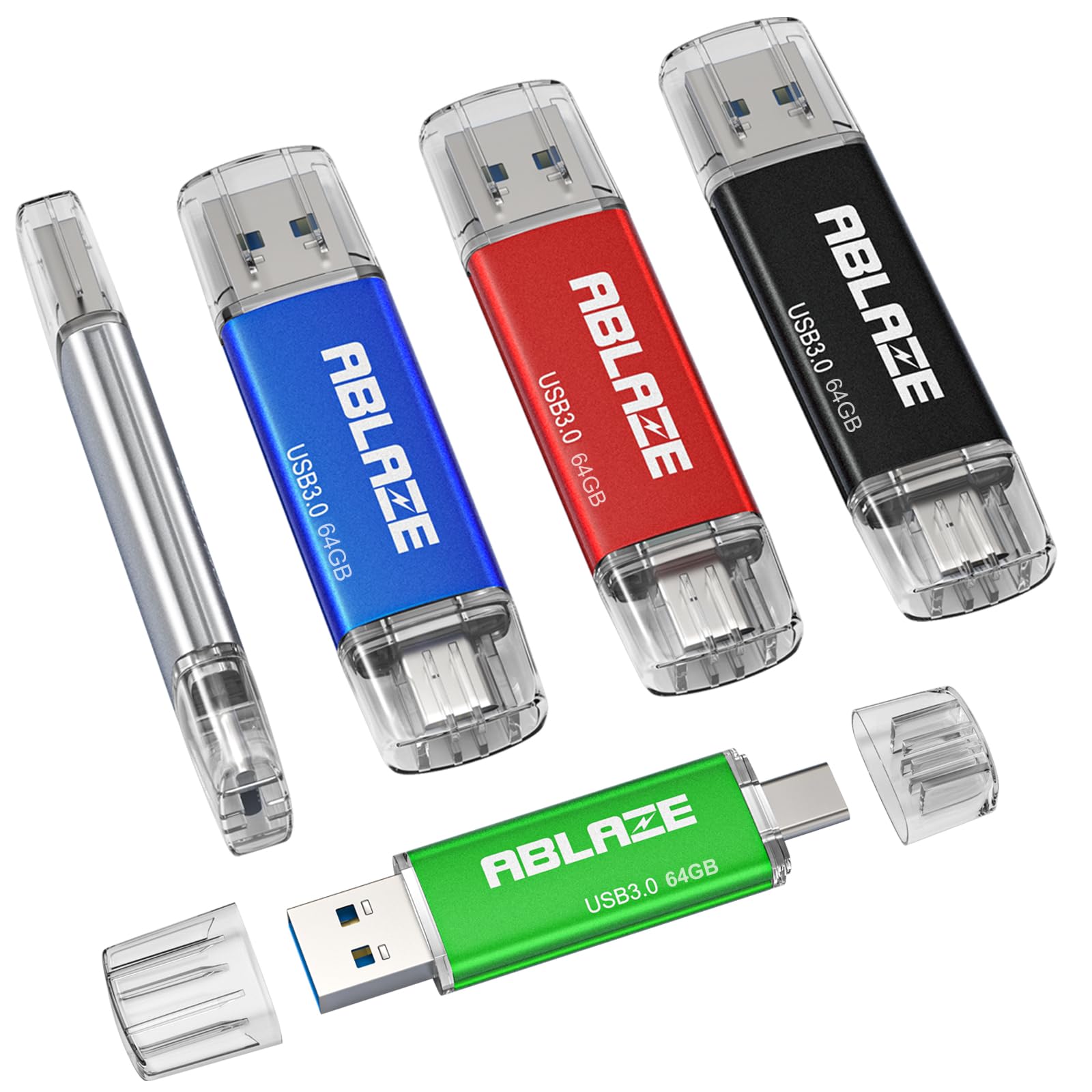 Memoria USB C 64GB 5 Piezas, ABLAZE Pendrive Tipo C 64 Gigas USB 3.0 Flash | Drive OTG 2 en 1 para PC, Laptop, Tabletas, Smartphones (Multicolor 5, 64GB)