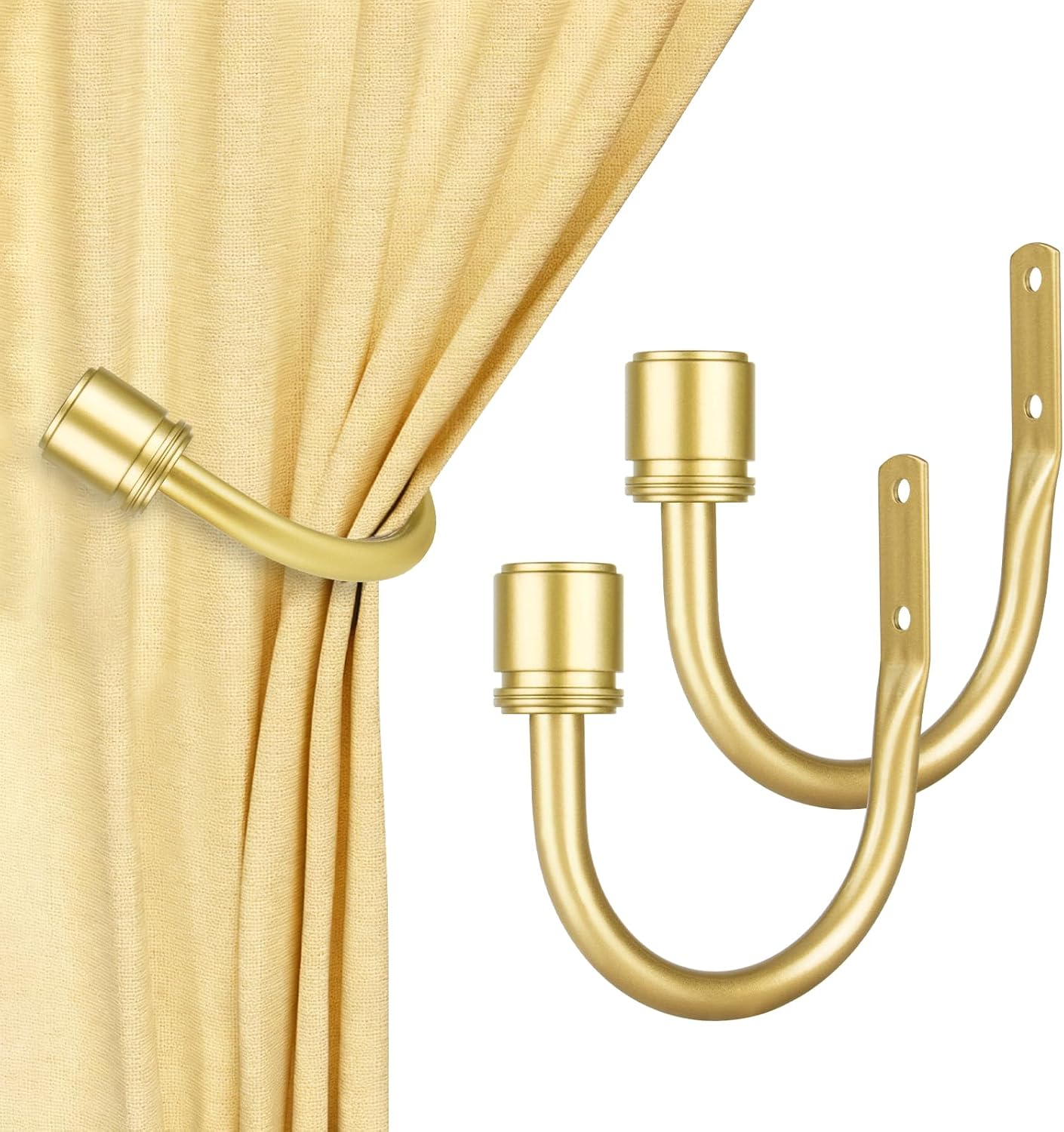 Curtain Holdbacks 2 Pack, HOTOZON Decorative Curtain Tieback with Screws Wall Mounted, Curtain Hooks for Drapes with Simple End Finials, Gold (1 Pair/2 Pack), Small