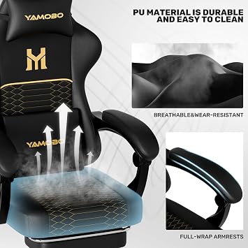 Gaming Chair with Footrest, Ergonomic Video Game Chair with Adjustable Lumbar and Headrest Massage Support,PU Leather High Back Recliner Comfortable for Office, Game and Study, Black