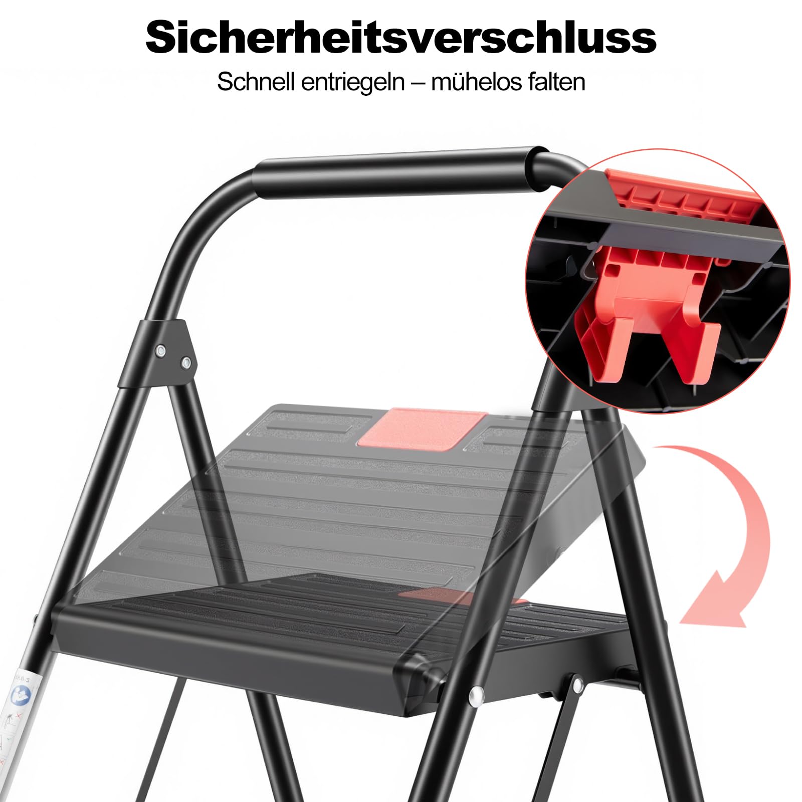Sweetcrispy Trittleiter 3 Stufen klappbar, Klapptritt für Zuhause, stabile Anti-Rutsch-Leiter mit Handlauf, kompakte & leichte Klappleiter, bis 150 kg belastbar, ideal für Haushalt & Büro, Schwarz