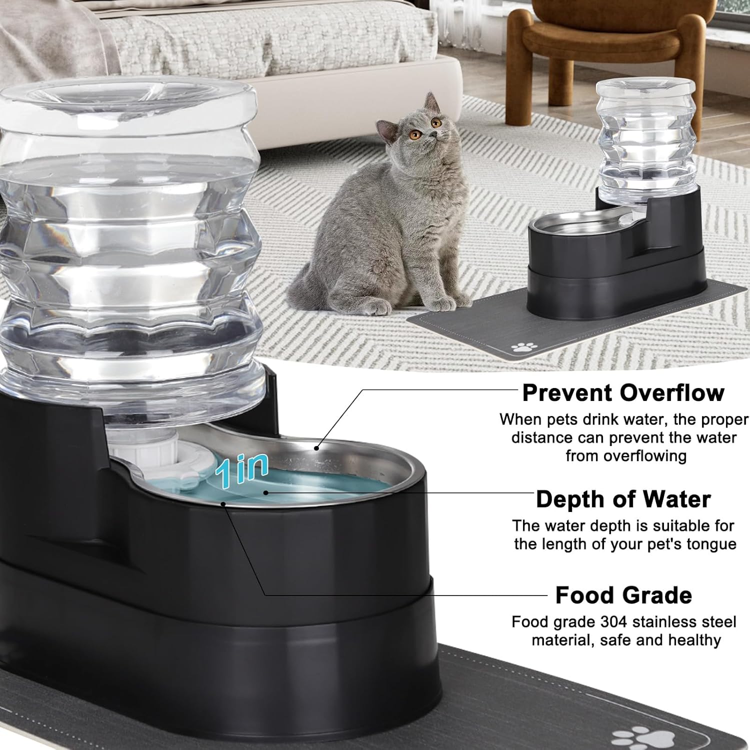 RIZZARI Automatic Cat Water Dispenser: Large 5L Black with Stainless Steel Bowl - Spill-Proof Design - Extra-Wide Elevated Feeder - Eases Drinking for Senior Dogs with Joint/Spine Issues - Home Use - Image 7
