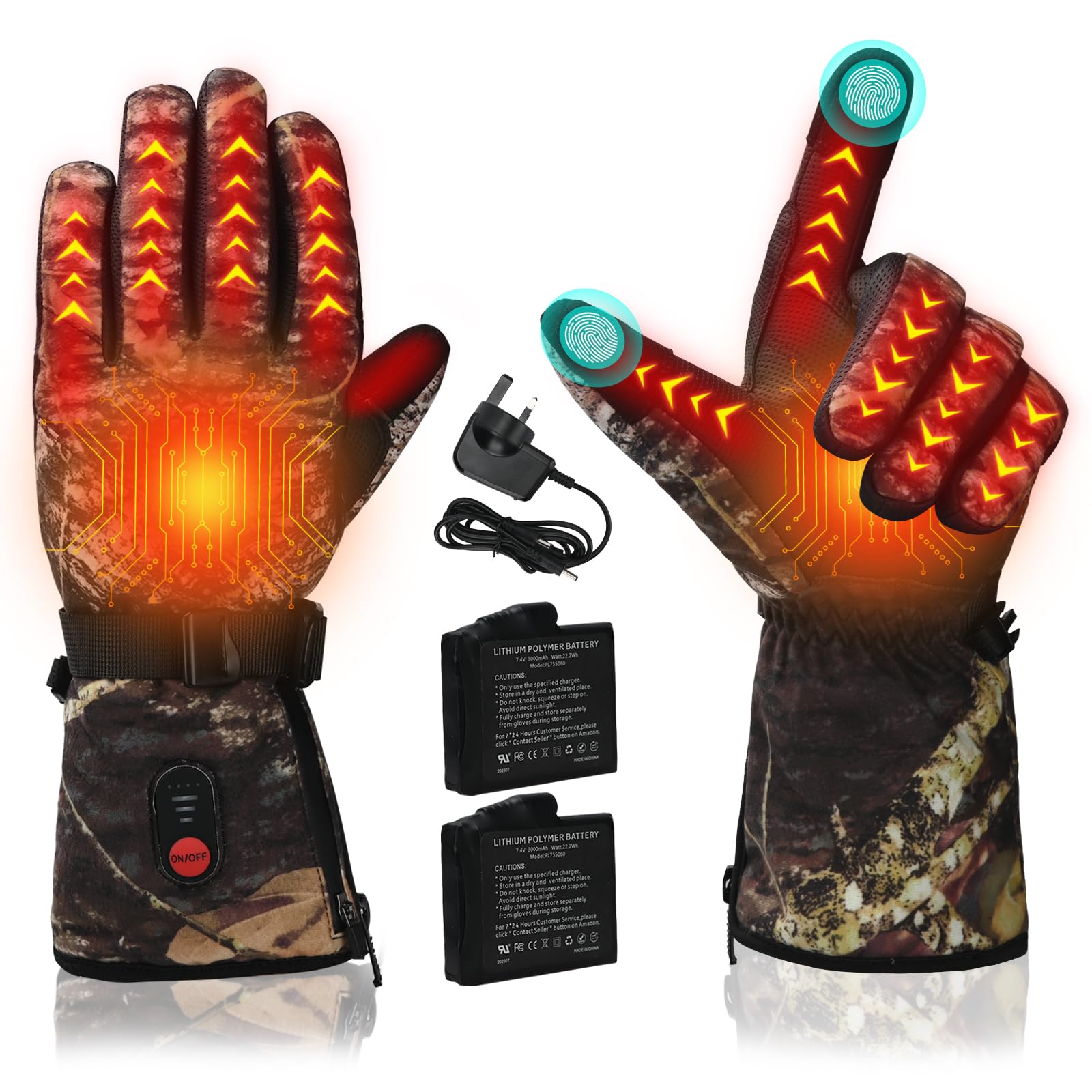 Lychee Rechargeable Electric Heated Ski Gloves - Instant Heating Hand Warmers for Men & Women, Waterproof with 7.4V 3000mAh Battery *2 for Outdoor (Camouflage, M)