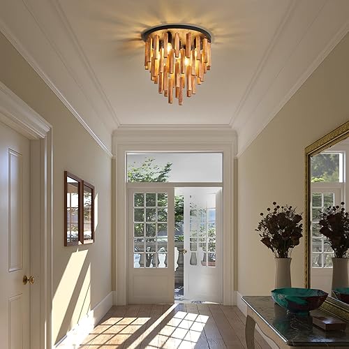 Miniatura 6 de Lámpara de techo semiempotrada de 5 luces, lámpara de techo de madera rústica, lámpara de techo retro roble y negro con E26 para granja, cocina,