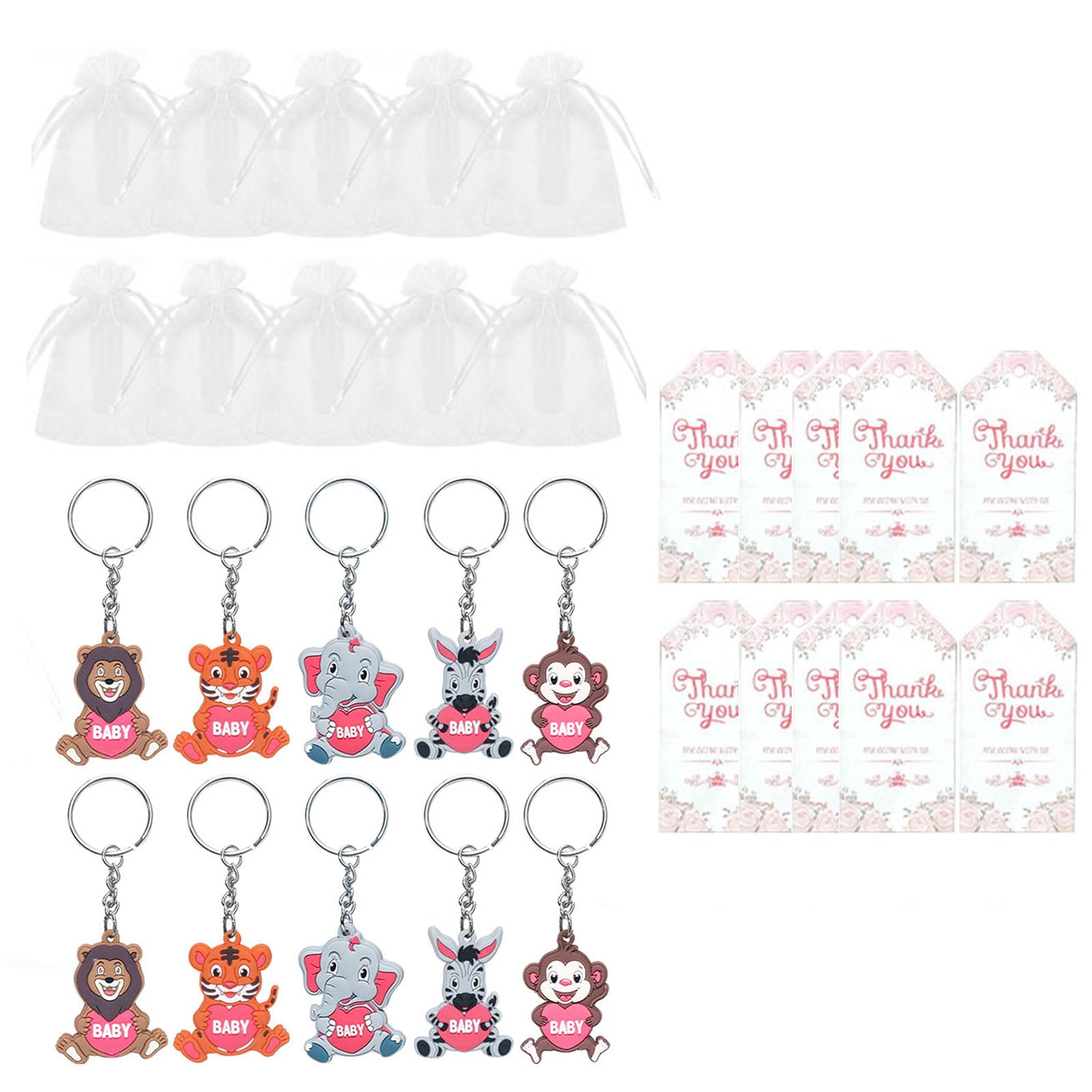 Yhplxyuus Zoos Animal Keychains Jungle Animal Keychains Baby Showers Parties Favor with Thank Tages Organza Gift Bags for Guests Jungle Keyring with Thank Tages Organza Bag