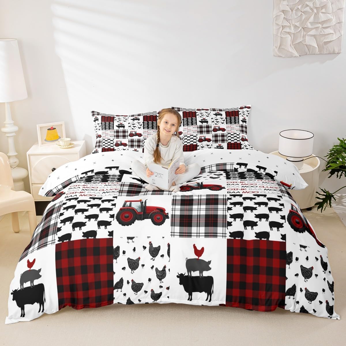 Farm Truck Duvet Cover Full Size Cow Chicken Pig Animals Silhouette Bedding Set for Kids Boys Teens Adult Bedroom Black Red Geometric Patchwork Grid Comforter Cover Rustic Farmhouse Quilt Cover 3pcs