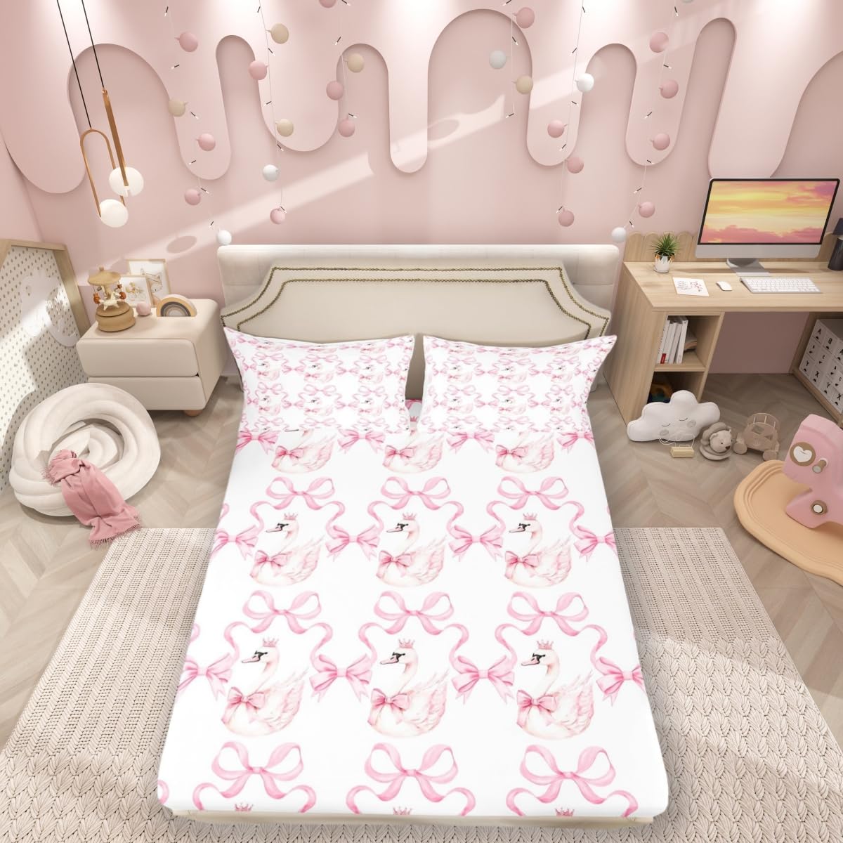 White Swan Bedding Set Single Size Princess Crown Pink Bowknot Dreamy Bed Set for Teens Kids Sheet Watercolor Bow-tie Ribbon Stripes Pink White Bed Cover(1 Fitted Sheet+1 Pillow Case)