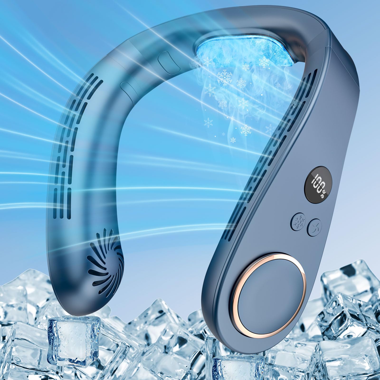 Neck Fan with Cooling Plate,Portable Air Conditioner Fan with AC,5500mAh Powerful Bladeless Personal Headphones Quiet Neck Cooler,Mini Cordless Wearable USB Hands Free Cool Fan for Women Men Kids Blue