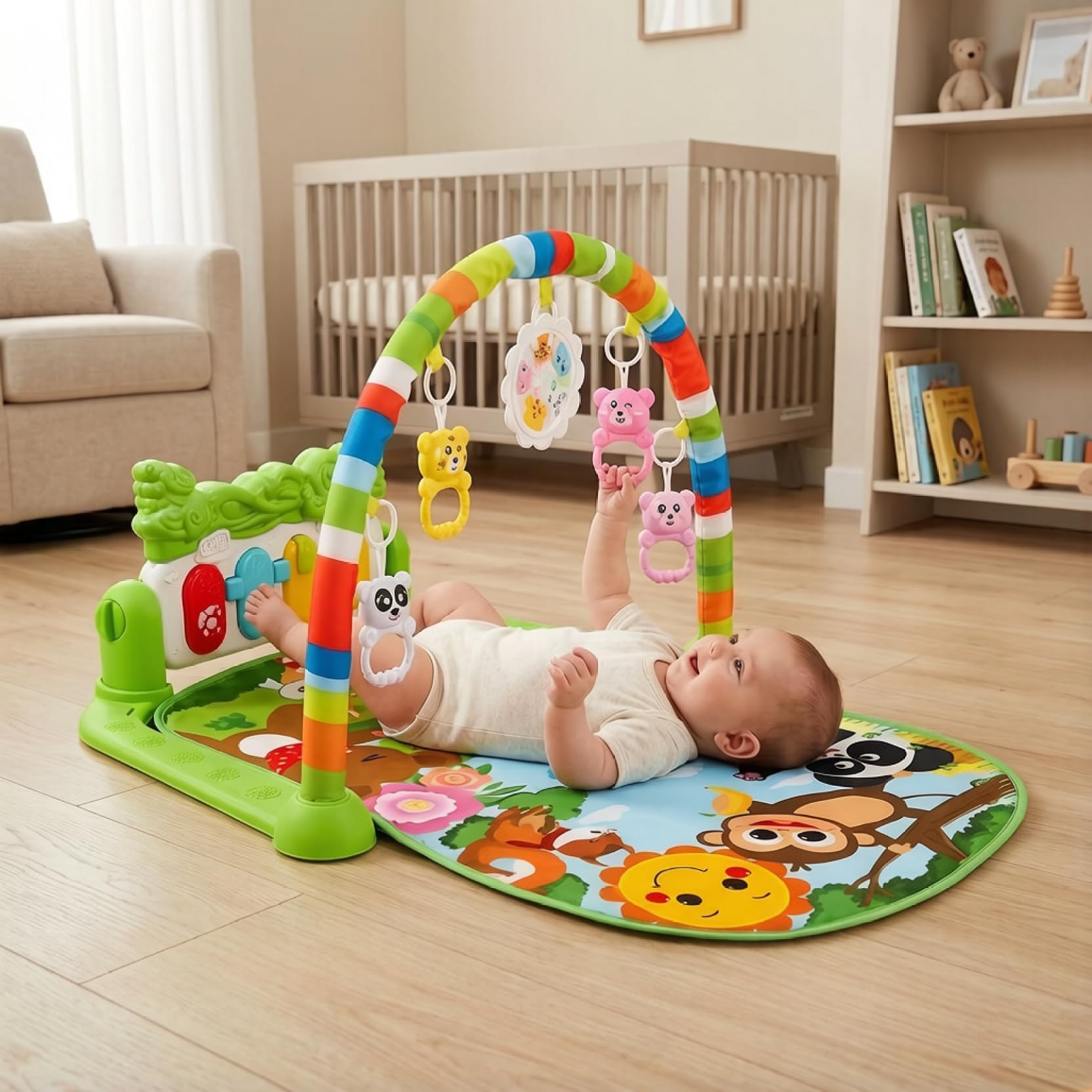 Tapete para jugar boca abajo para bebé y tapete para piano para bebé, actividad temática verde con teclas de piano de delfines para bebés de 0 a 12 meses