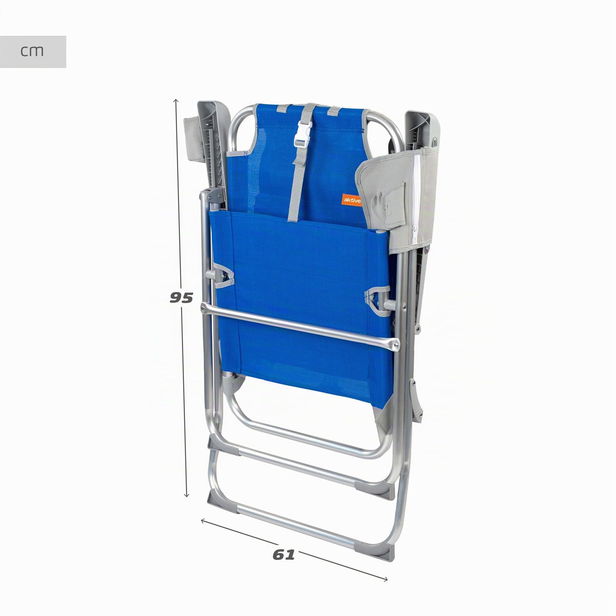 AKTIVE Chaise de Plage Pliable et Inclinable, Résistante au Poids, Chaise Pliante Portable, 47 X 63 X 99 cm, avec Coussin, Sac en Filet et Poche latérale, Chaises de Plage (62631)