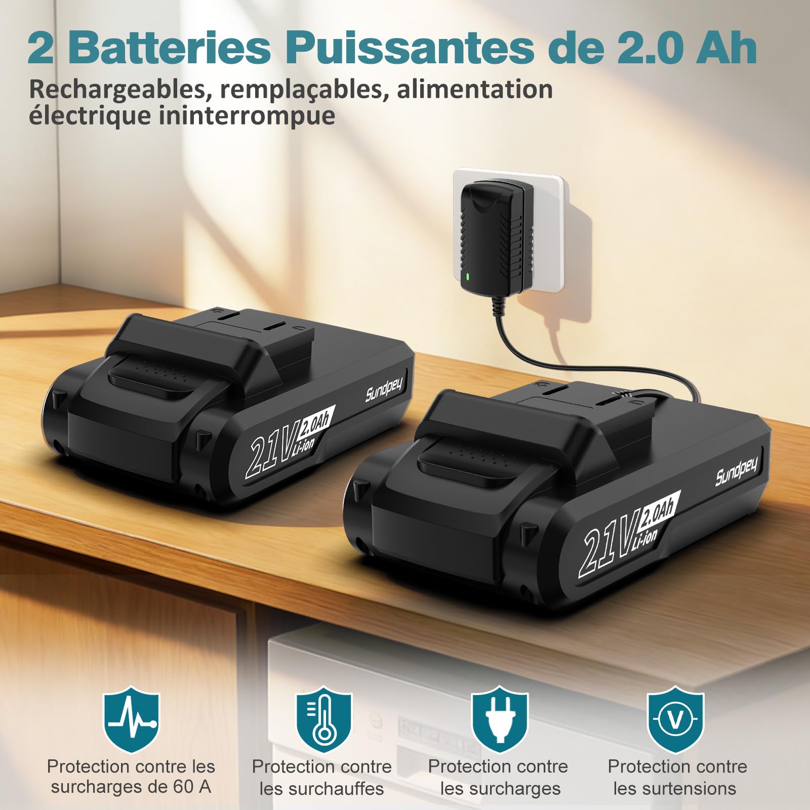 Sundpey Visseuse Devisseuse Sans Fil 21V - Perceuse Visseuse Sans Fil avec 2 Batteries 2,0Ah, 1500RPM 45Nm Max Visseuse Electrique, 2 Vitesses, 18+1 Réglages de Couple, LED, pour Bricolage à Domicile