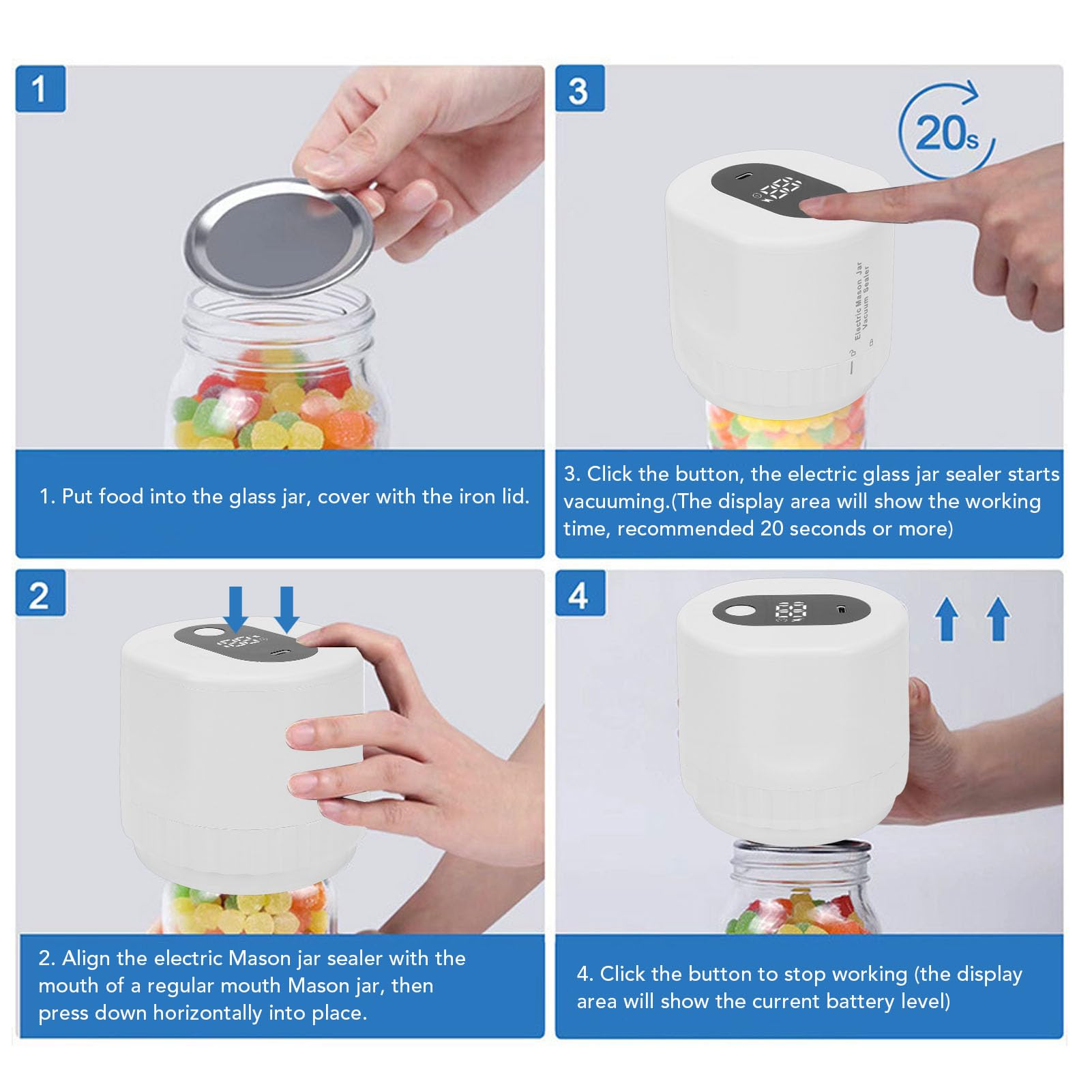 Fockety Kit de Scellage Sous Vide électrique pour Bocaux Mason, 5 Couvercles de Bocaux à Large Bouche, 5 Couvercles de à Bouche Régulière, Portable sans Fil, 1200 MAh, Chargeur (WHITE)