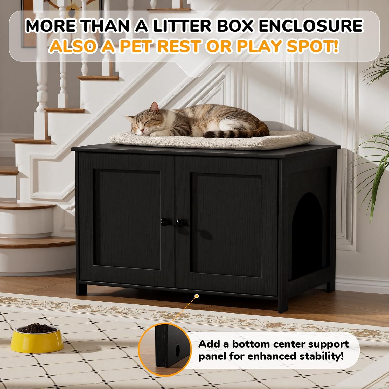 Cat Litter Box Enclosure Furniture Dog Proof, Hidden Kitty Washroom Cabinet Low Entry, Wooden Cat Boxes Enclosure Odor Control for Home, Farmhouse Style Decorative TV Stand with Storage, Black