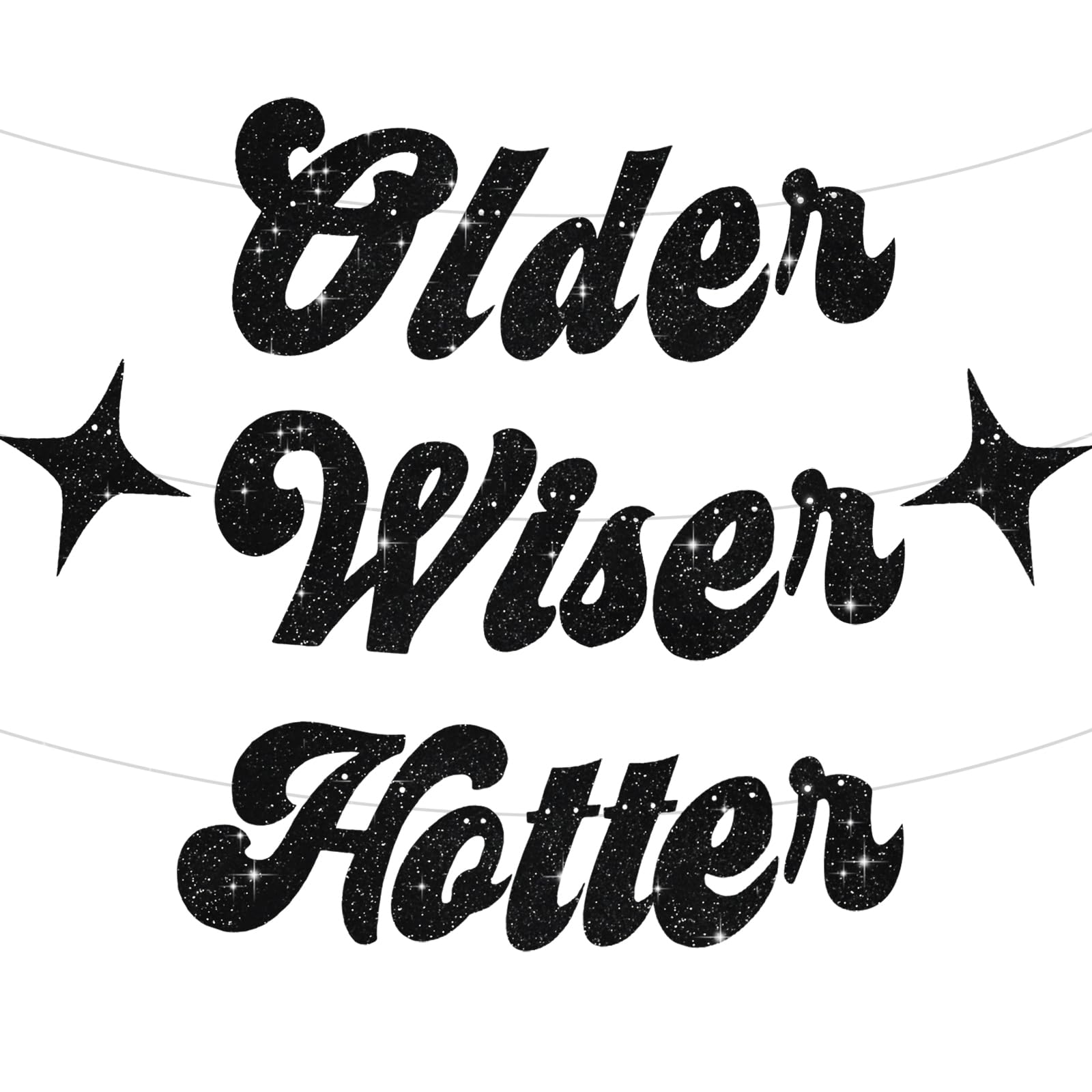 BEISHIDA Glitter Black Older Wiser Hotter Banner with Star, Funny Birthday Banner 30th 40th 50th 60th 70th 80th Party Decorations