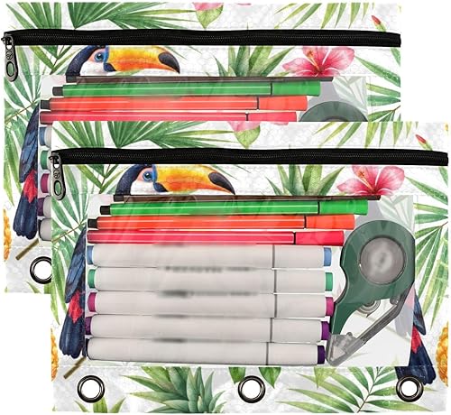 Miniatura 2 de Kcldeci Paquete de 2 bolsas para lápices para carpeta de 3 anillos, carpeta de hojas tropicales de hibisco de piña de Tucán, estuche para lápices,