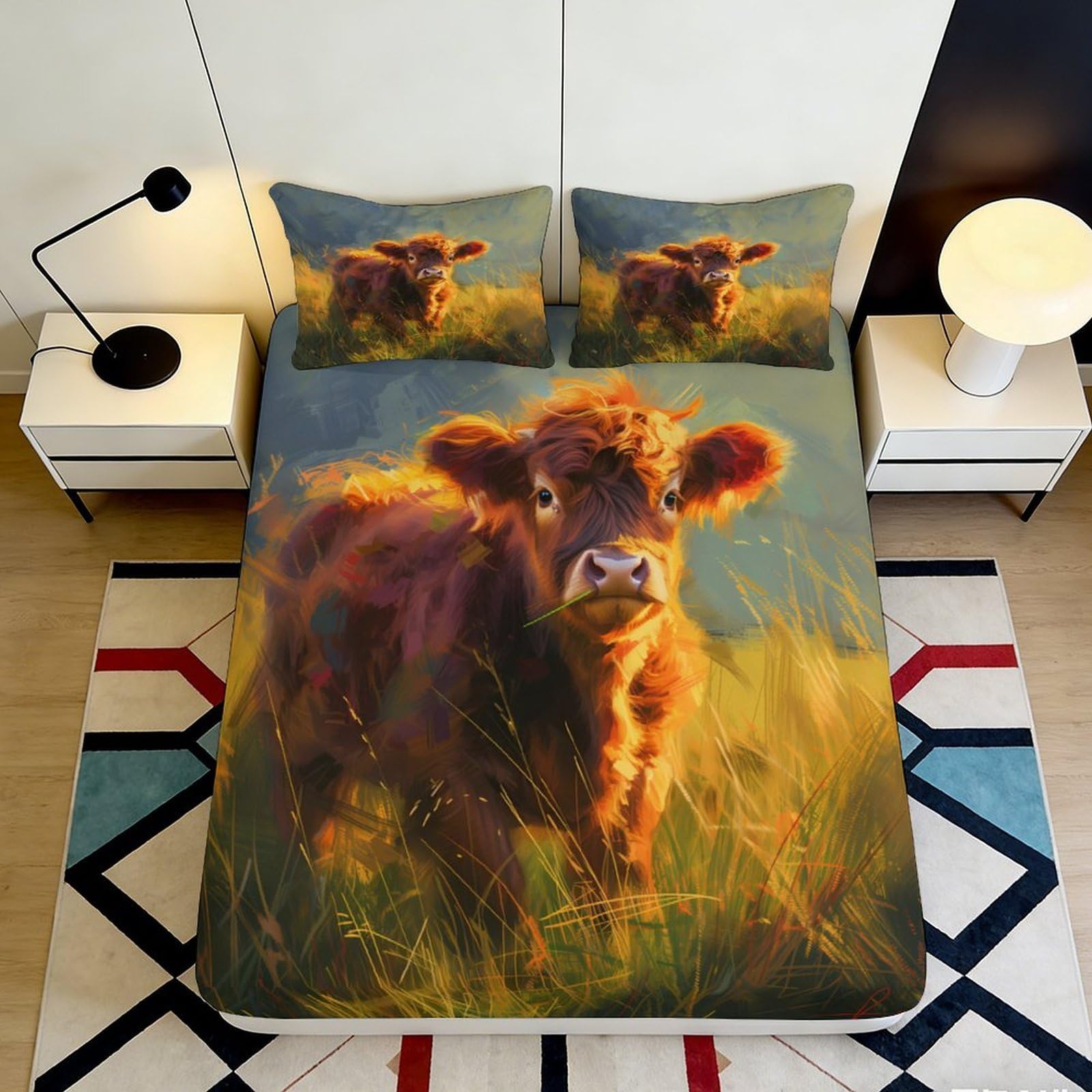 Pnayamiorkfel Style-6 3D Printed Highland Cow Fitted Sheet Microfiber Artistic Pastoral Calf Mattress Cover Bedroom Decor Washable 90X200x25cm