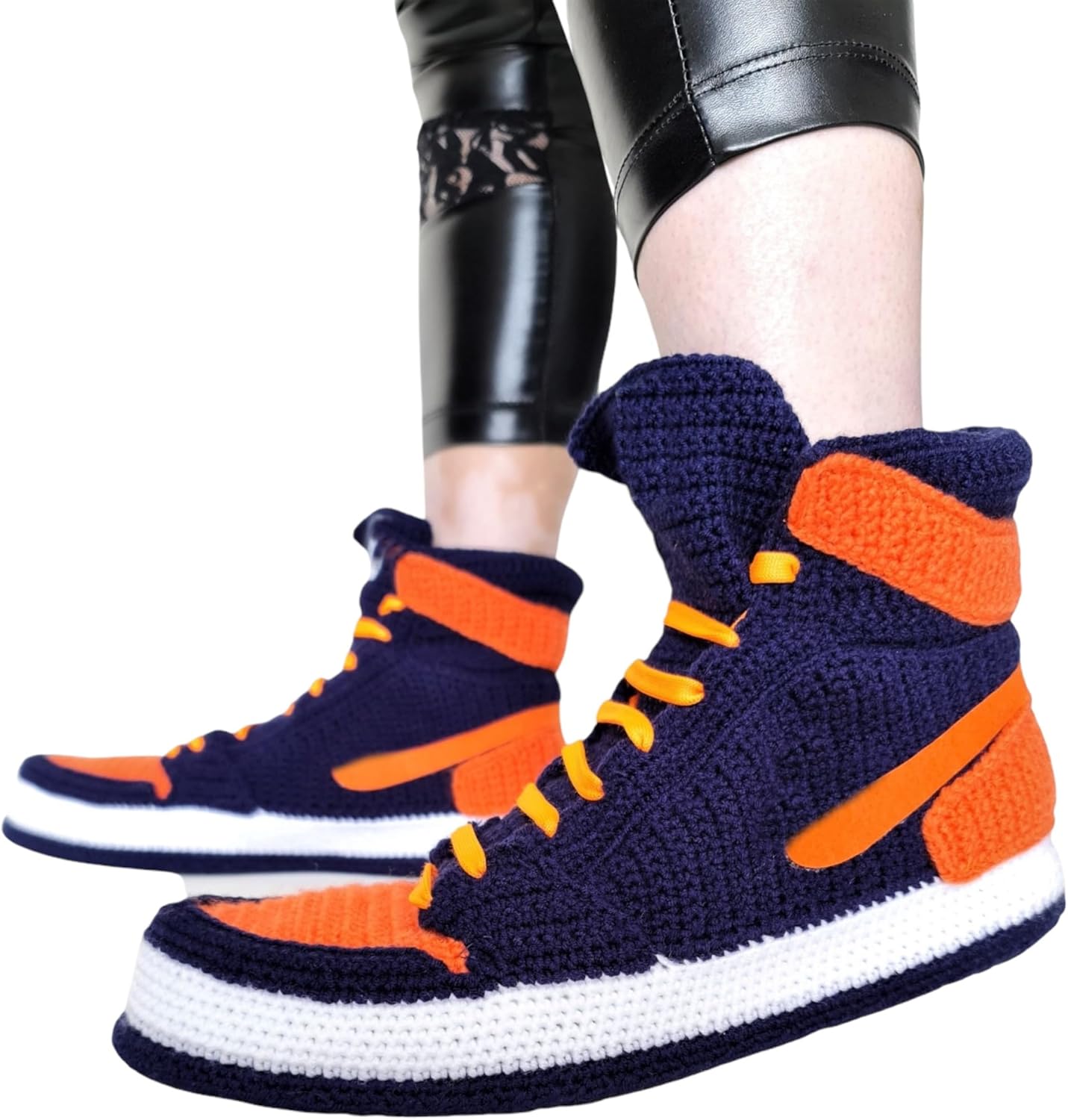 Custom Handmade Crochet Jordan Style Slippers, Navy Blue & Orange Cozy Unisex Basketball House Shoes, Non-Slip Rubber Sole Winter Booties