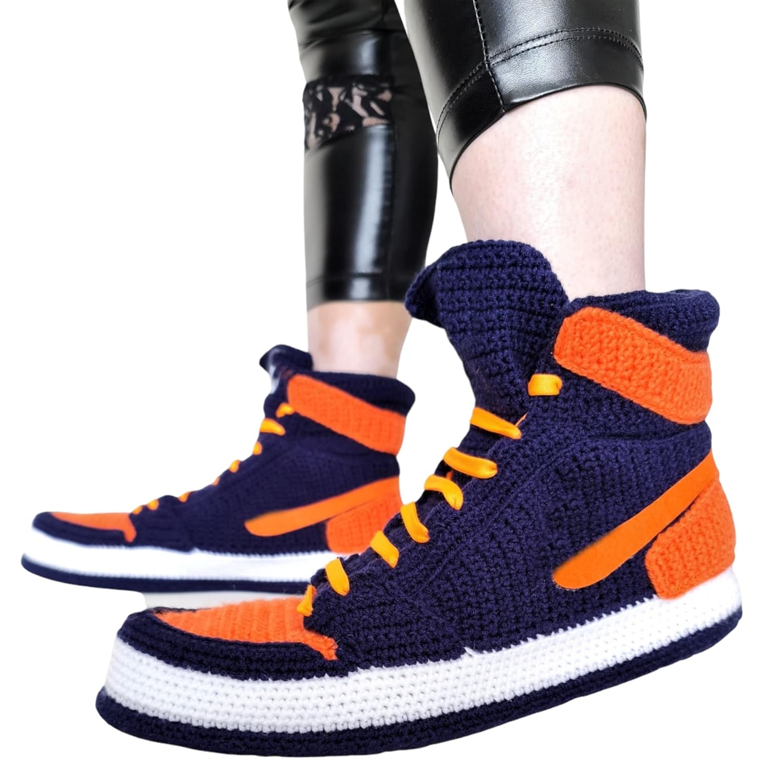 Custom Handmade Crochet Jordan Style Slippers Navy Blue Orange Cozy Unisex Basketball House Shoes Non-Slip Rubber Sole Winter