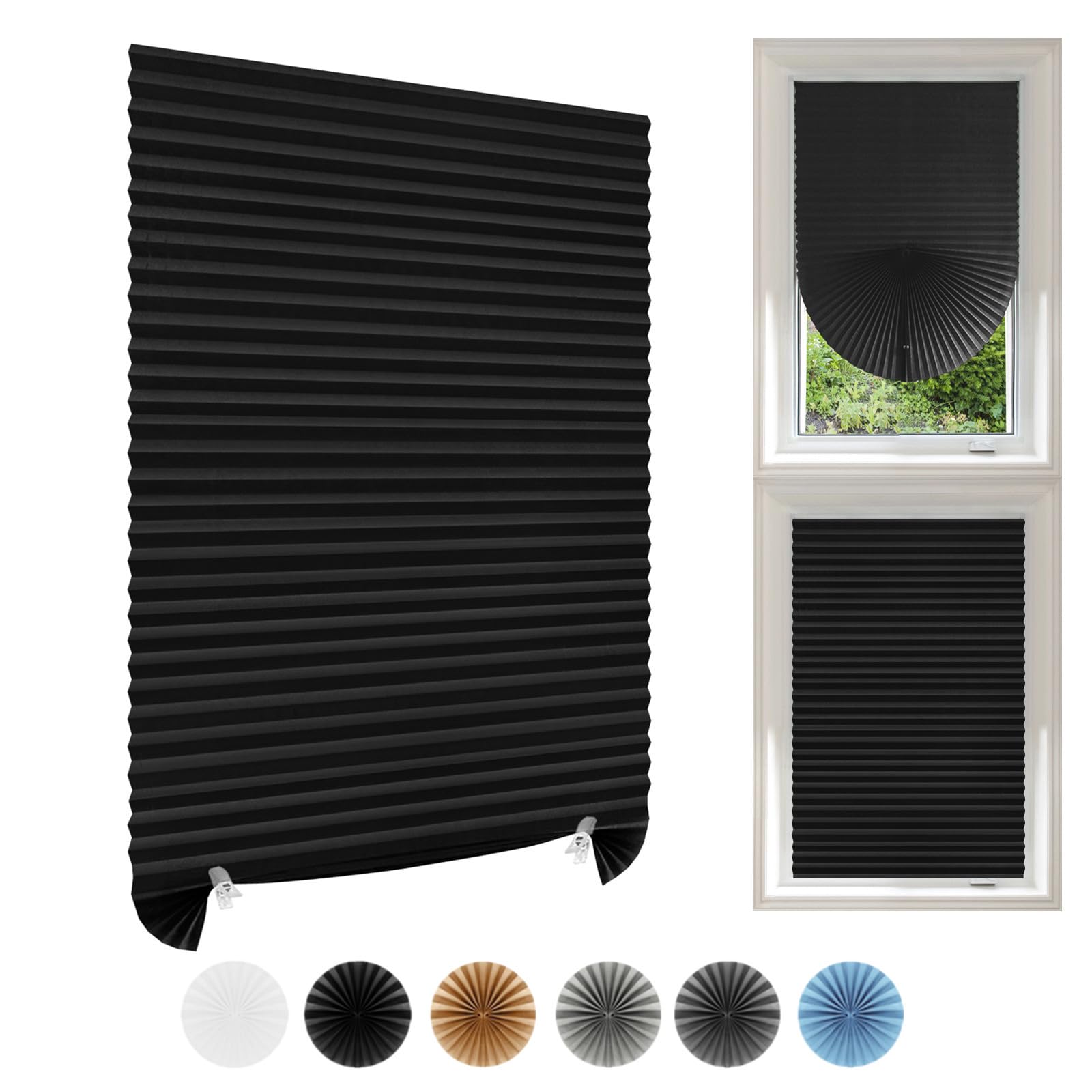 Temporary Blinds Stick On Cut to Size Non-woven Fabric No Drill Self Adhesive Pleated Paper Window Shades for Bedroom Kitchen Bathroom Windows Patio French Doors (4, Black/Silver, WxH 90x150cm)