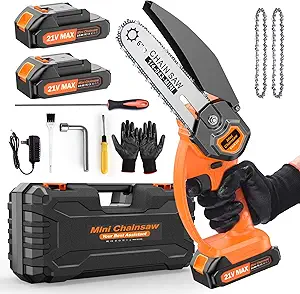 Mini Chainsaw 6 inch Cordless, 21V/2Ah Battery Powered Chain Saw for Branch Pruning with 2 Chains, 2 Battery, Portable Electric Handheld Small Chainsaw w/Security Lock, for Wood Cutting Tree Trimming