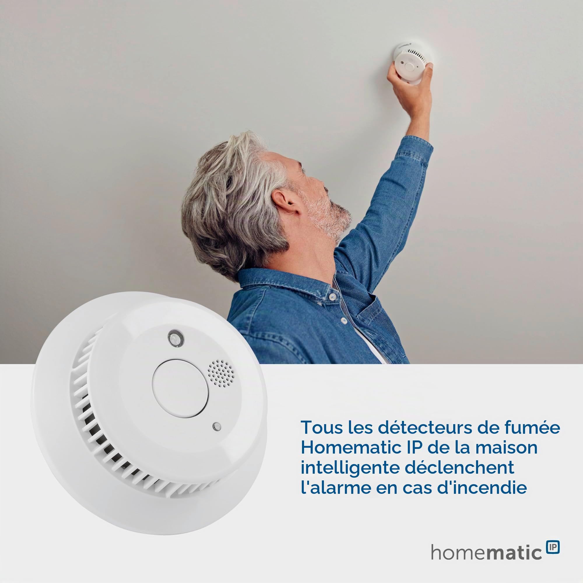 Homematic IP Smart Home 156587A0 Détecteur de fumée avec étiquette Q - Alarme Locale Via la sirène et Notification Push dans l'application Smartphone - Éclairage de Secours LED intégré