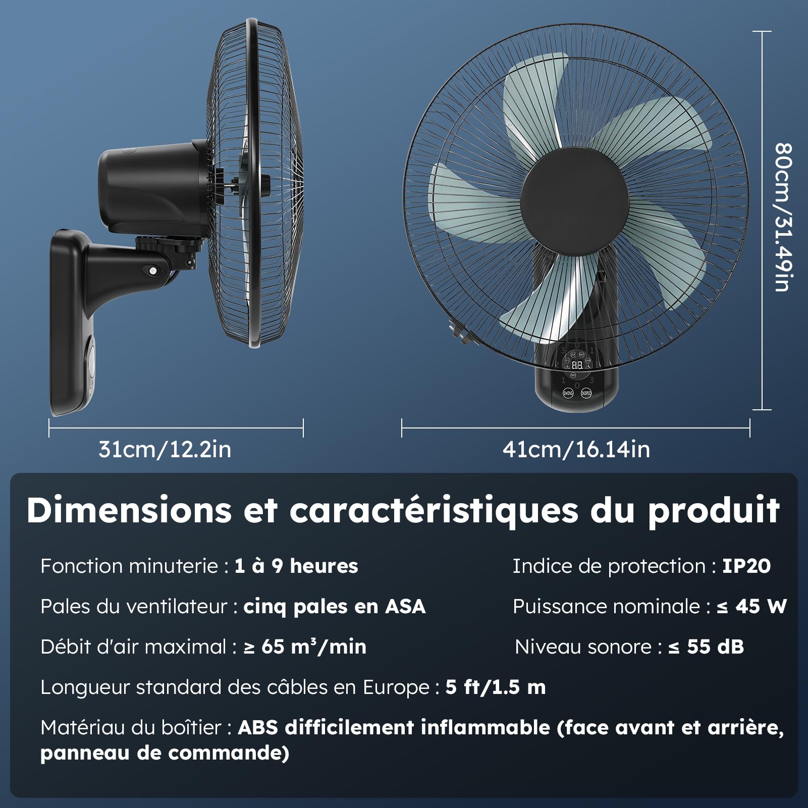 Ventilateur mural avec télécommande, 3 vitesses, oscillation à 90° et minuterie, silencieux pour chambre à coucher, bureau, salon