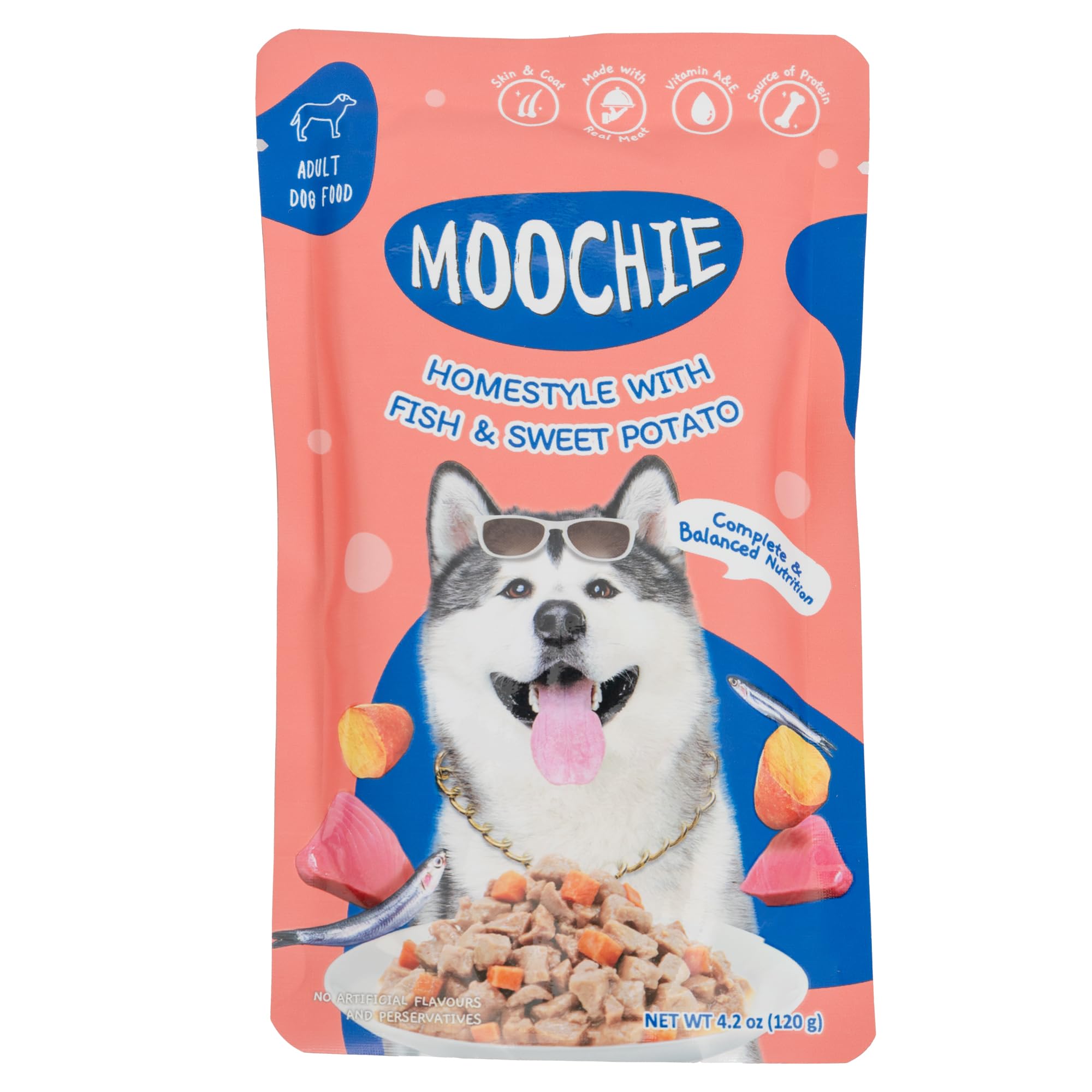 Moochie Wet Dog Food (120g x Pack of 12)| HomeStyle with Fish & Sweet Potato | Wet Dog Food for Adult & Puppy | No Artificial Colours & Preservatives. 4