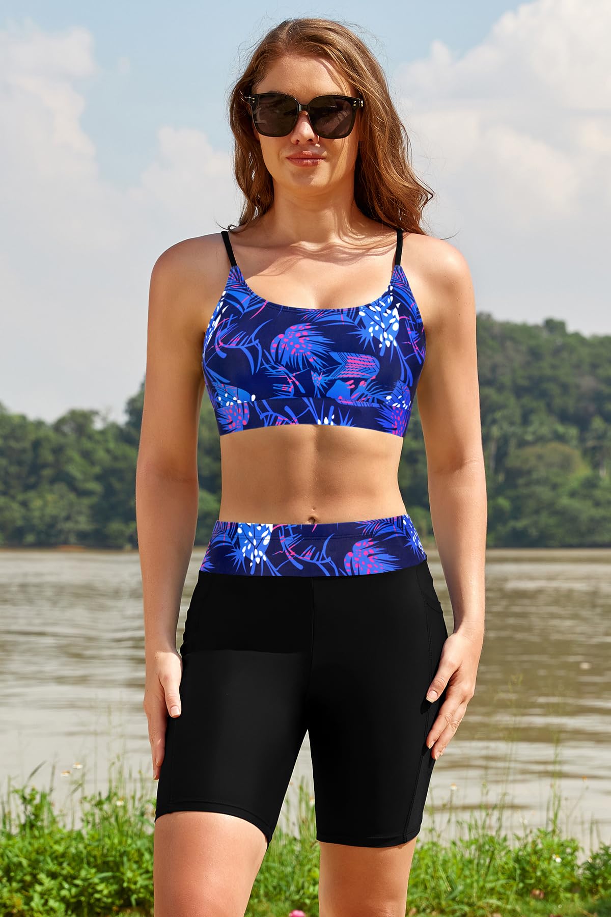 SHEKINI Maillot de bain 3 pièces pour femme UPF50+ UV à manches courtes, soutien-gorge de sport, haut de bikini avec bas boyshort, maillots de bain modestes