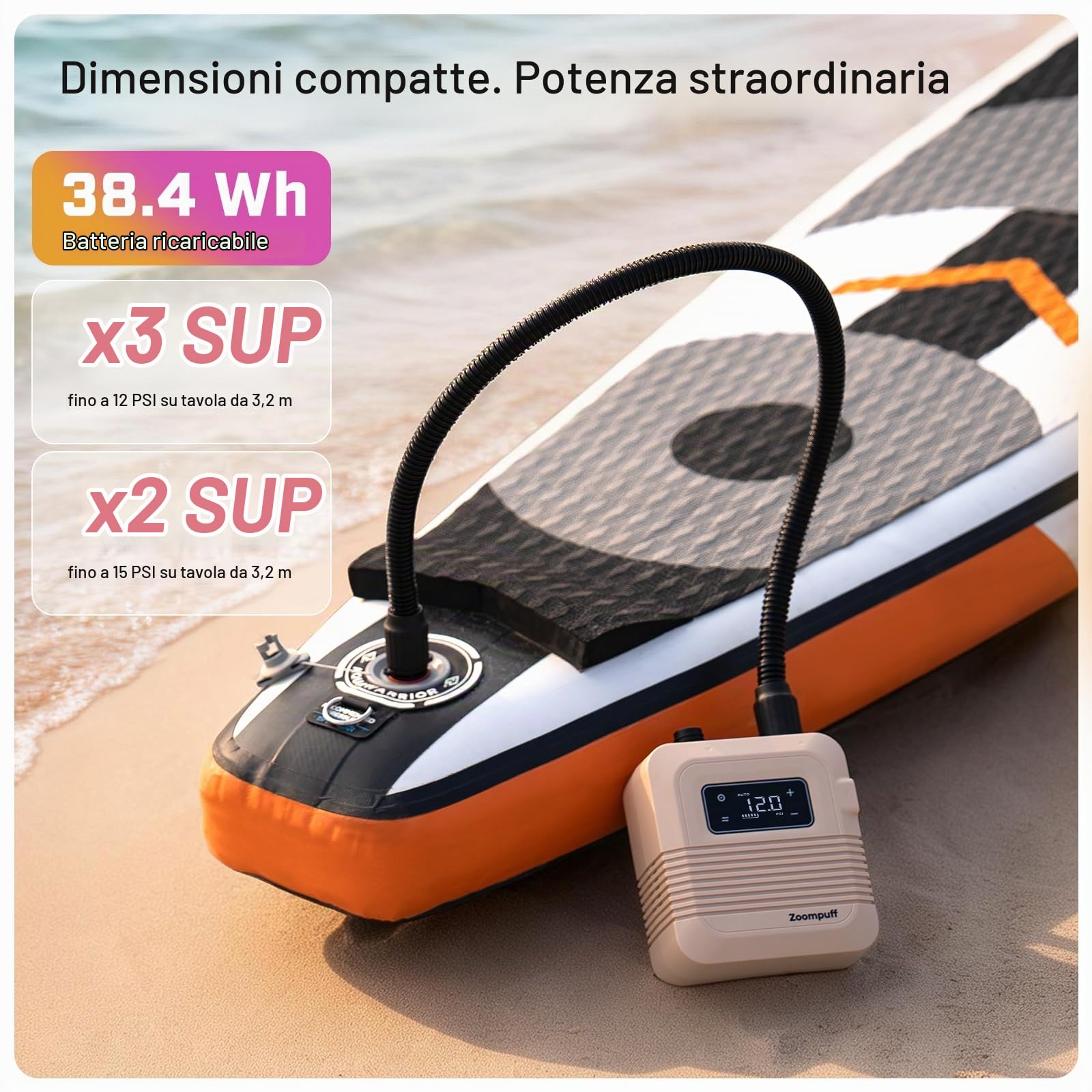 Pompa SUP elettrica, SUP ricaricabile 20 PSI, gonfiaggio rapido | 5 min a 12 PSI, 1,14 kg leggera, Batteria 38,48Wh, Gonfiaggio e sgonfiaggio doppio stadio, 7 ugelli, SUP, barche, kayak