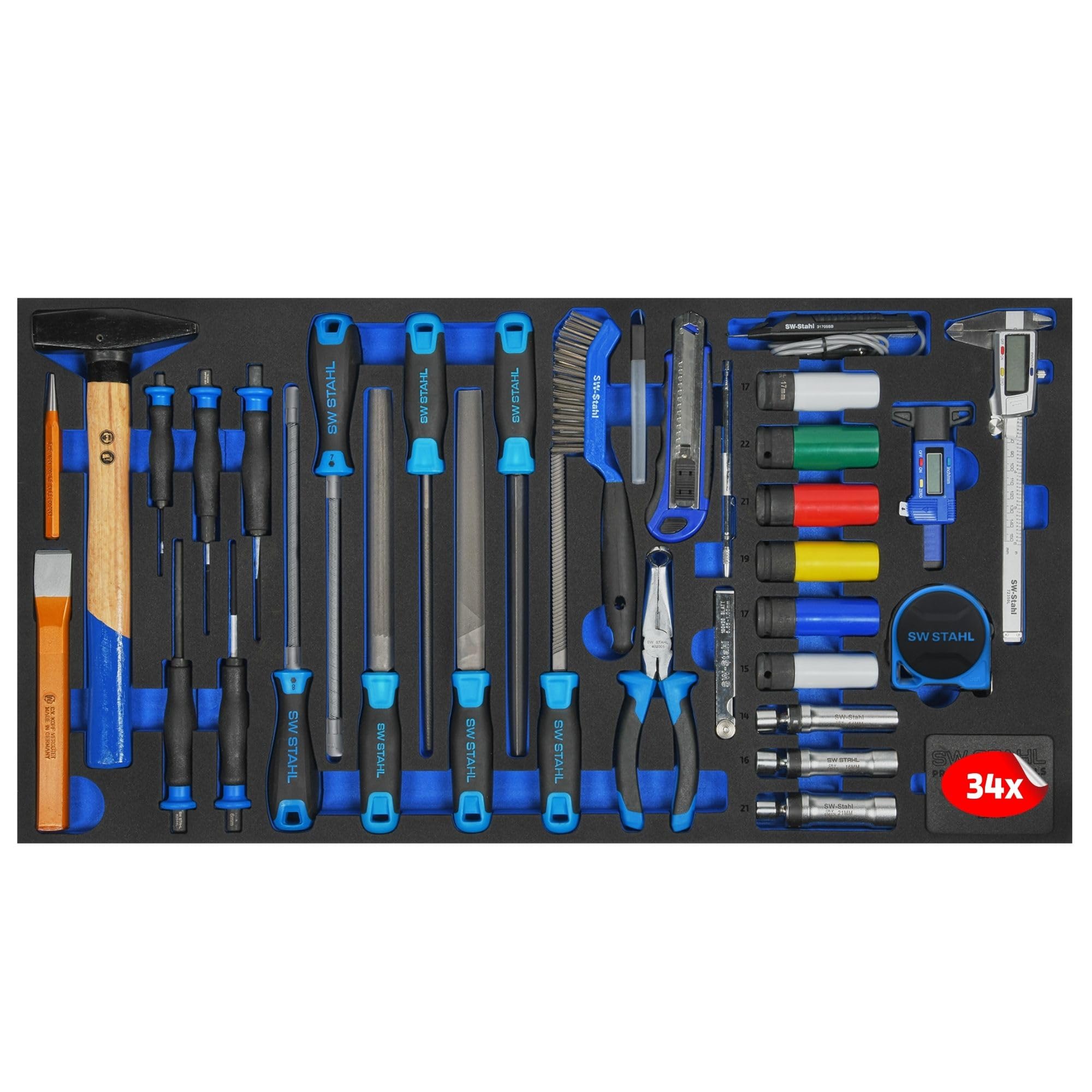 SW-Stahl Z3011-10 Wkład do Wózka Warsztatowego, Zestaw Narzędzi 34 Szt. | Wyposażenie XXL z pianką, pasuje do SW TT802 i szuflad 76 x 40 cm, profesjonalne narzędzia warsztatowe i rzemieślnicze