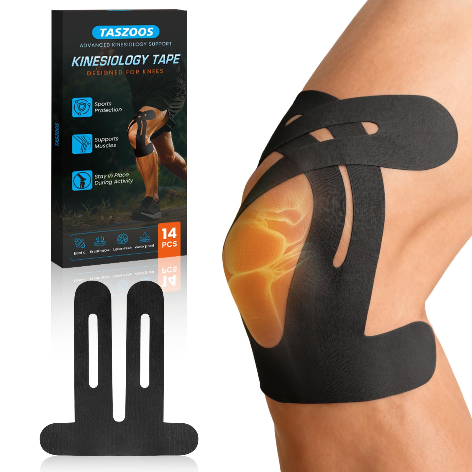 Pre-Shaped Kinesiology Tape for Knees - 14Pcs Waterproof Knee Tape for Knee Pain Relief Knee Support - Elastic