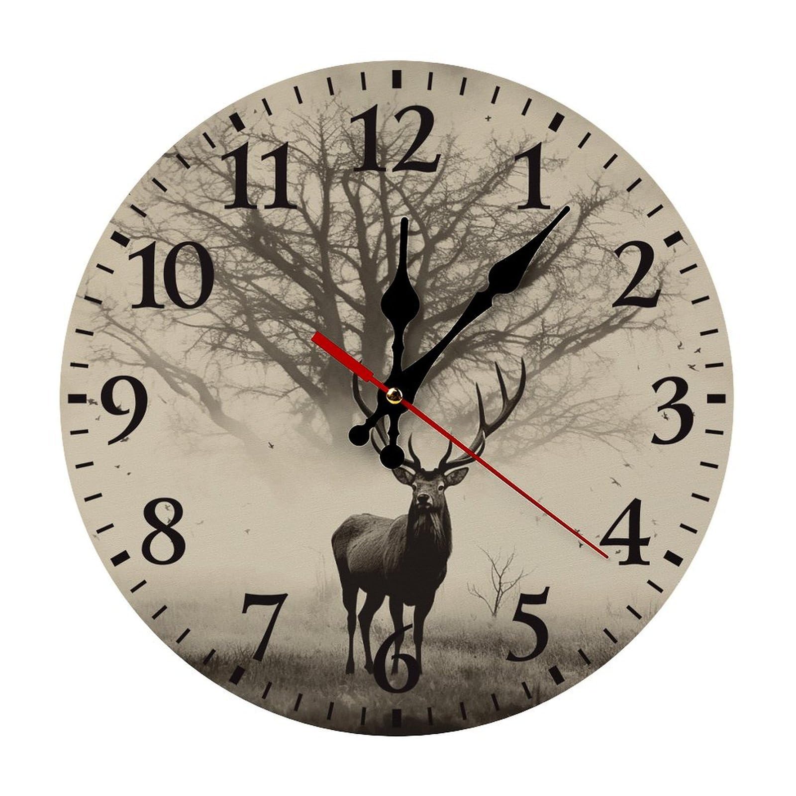 QMNLKH Abstract Tree Elk Picture Wall Clock for Home, Battery Operated Clock for Hotel, Round Wall Clock with Arabic Numerals Black, Easy to Read, Non-Ticking Clocks for Living Room 25 * 25cm