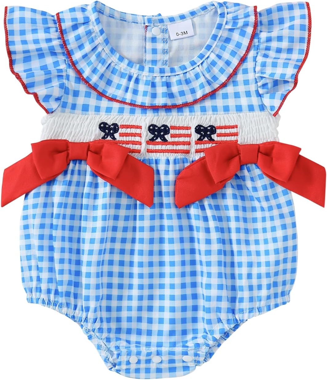 Toddler Baby Girl 4th of July Romper Striped Embroidery Smocked Ruffled Trim Flying Sleeve Jumpsuit Summer Outfits