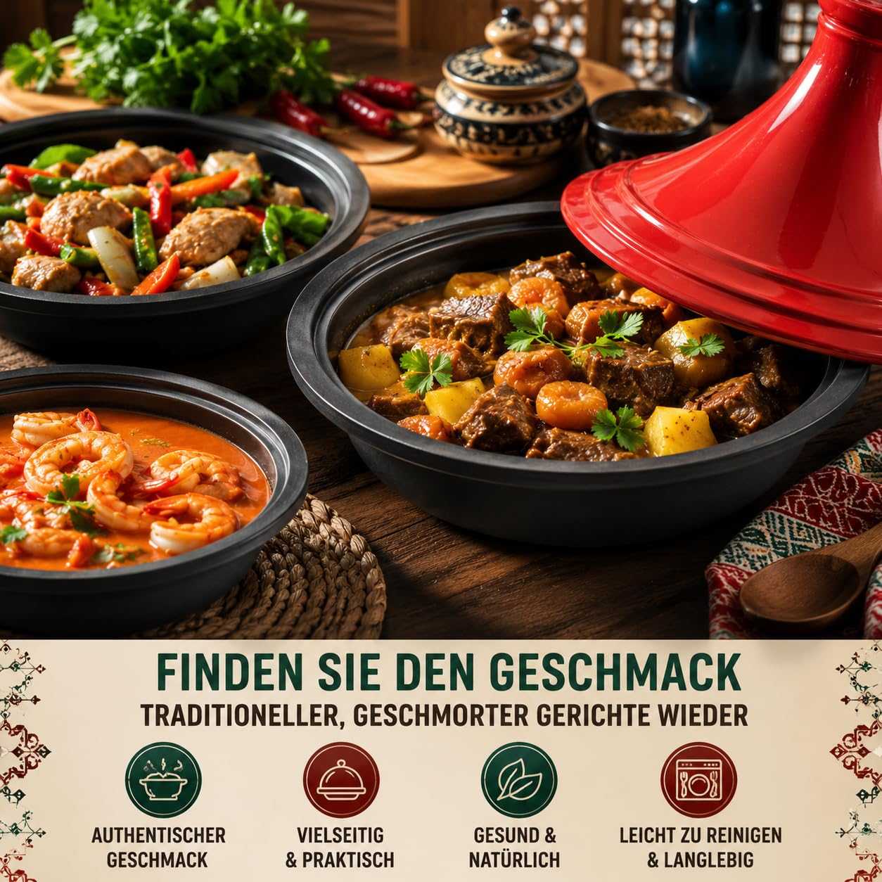 Swiss Line Tajine Topf 30 cm Gusseisen mit Keramikdeckel – Marokkanischer Schmortopf für 2–5 Personen, Induktion, Backofen & Grill