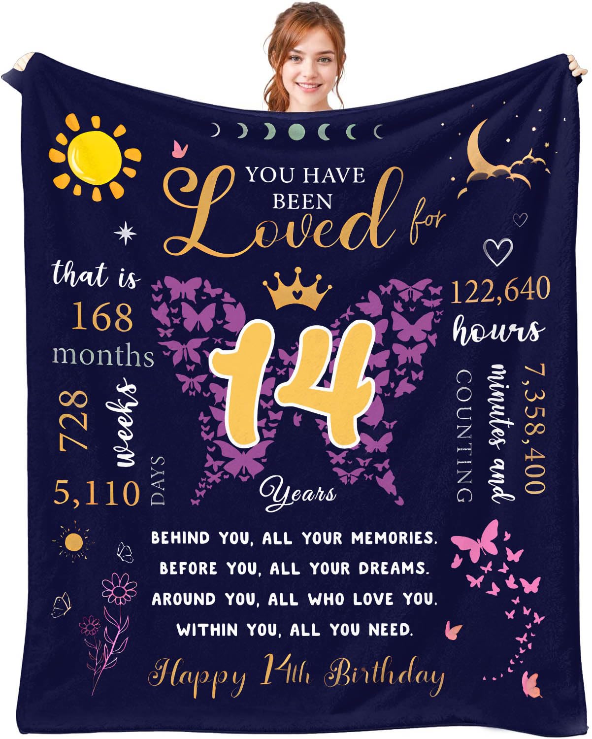 Birthday Blanket Gifts for 14 Year Old Girl 150 x 130 cm (Butterfly)