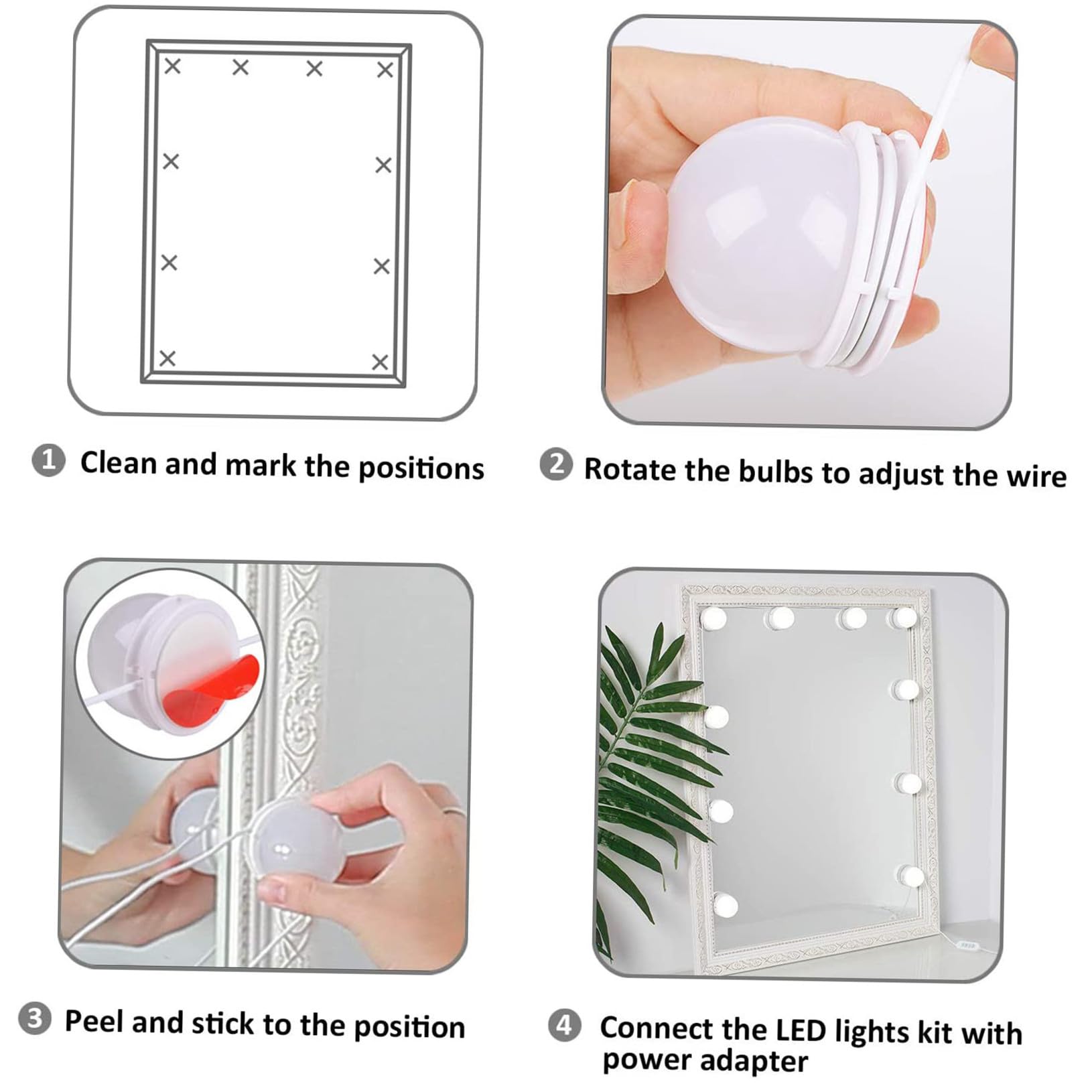 SHERCHPRY 10 Ampoules LED Dimmables pour Miroir de Maquillage avec Installation Adhésive, Lumière Blanche, Matériau Verre et Abs, pour Salle de Bain ou Dressing