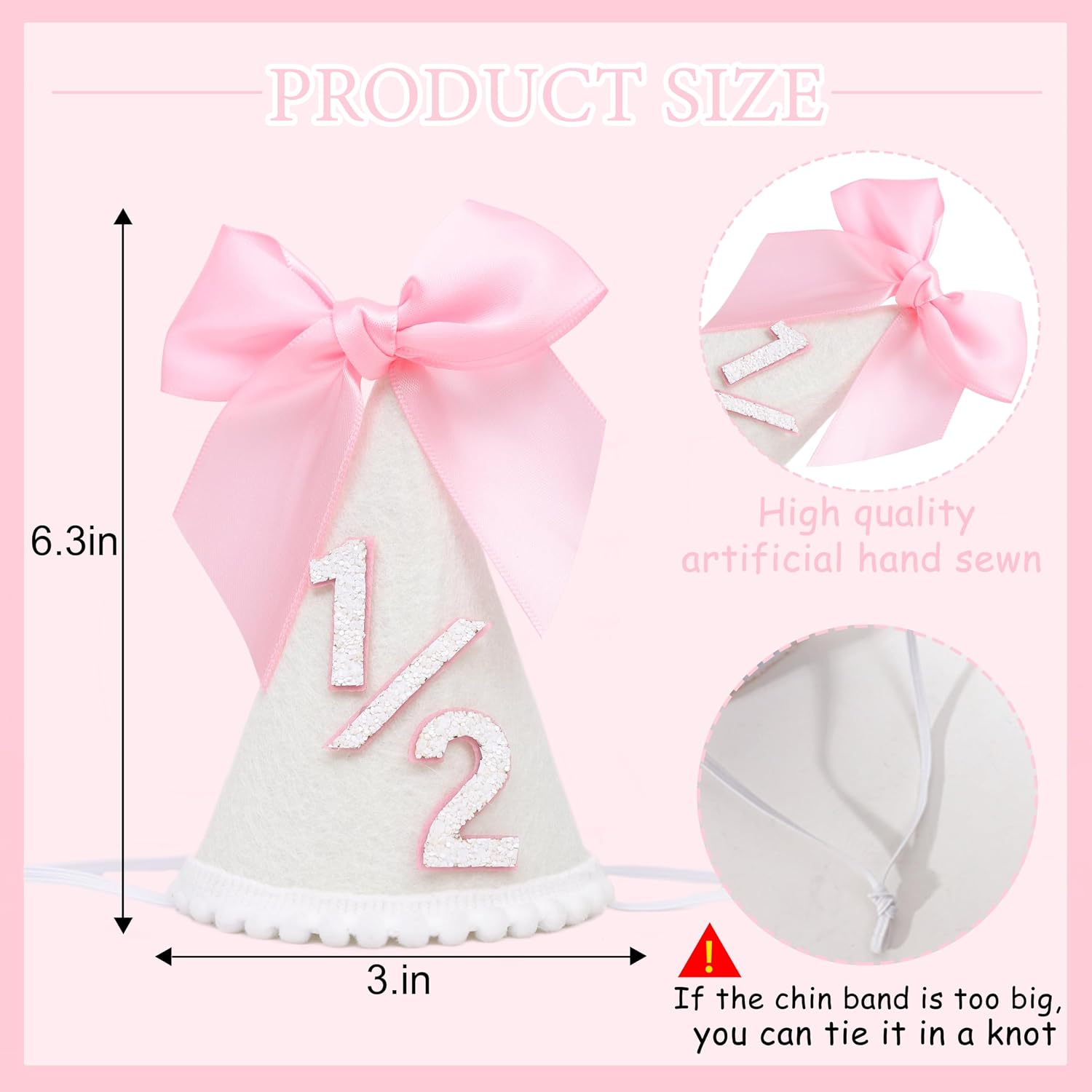 Pink Bow 1/2 Birthday Hat- Pink half Birthday hat, Princess 1st Birthday Supplies,Half Birthday Decorations for Girls