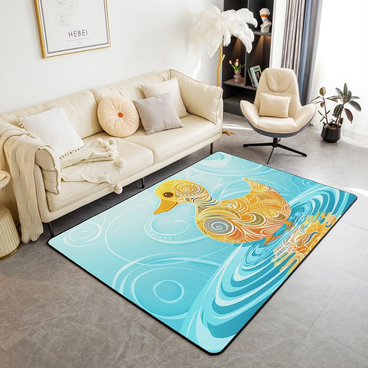 Canard de Natation Tapis Salon 150x200,Tapis Géométrique Bohème Bleu Jaune,Art Exotique Cartoon Nettoyage En Machine Nettoyage À Sec Tapis Décoratifs,Ne Tombe Pas Tapis Intérieur et Extérieur Decor