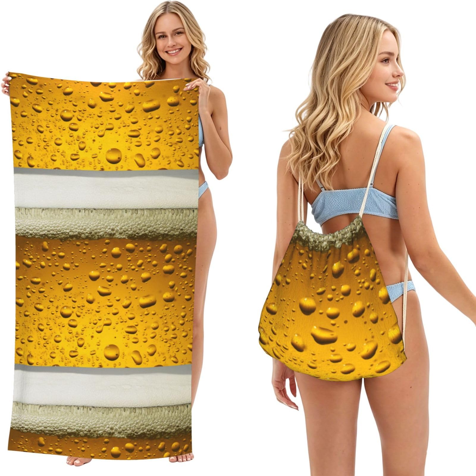 Poadnly As Picture Beer, 2 In 1 Packable Towel Bag, Beach Towels With Drawstring Backpack For Travel Holiday Camping