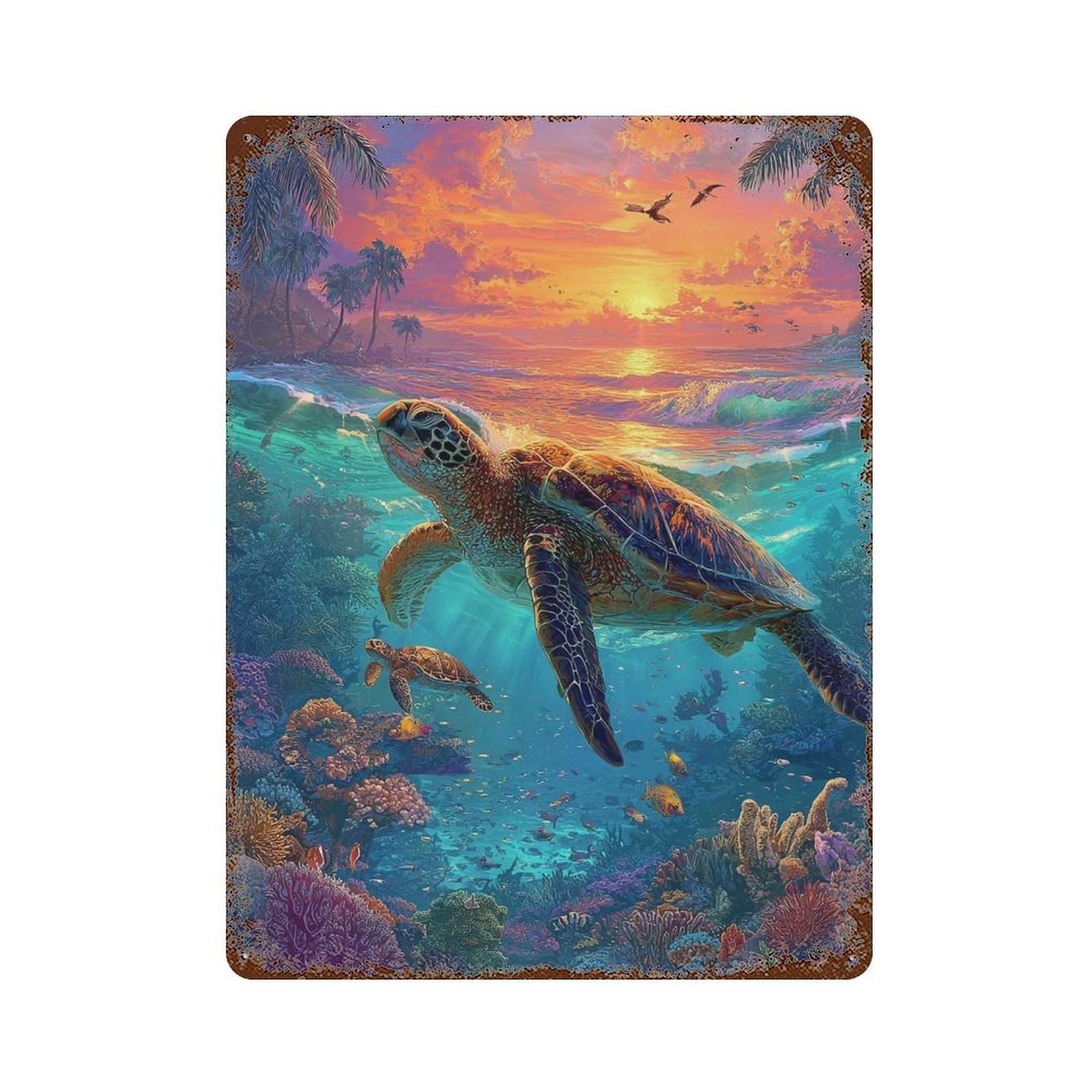 Tropical Coral Reef Sunset Vintage Rust Metal Sign 15.7"x11.8", Classic Wall Plaque for Garage, Pub Or Kitchen