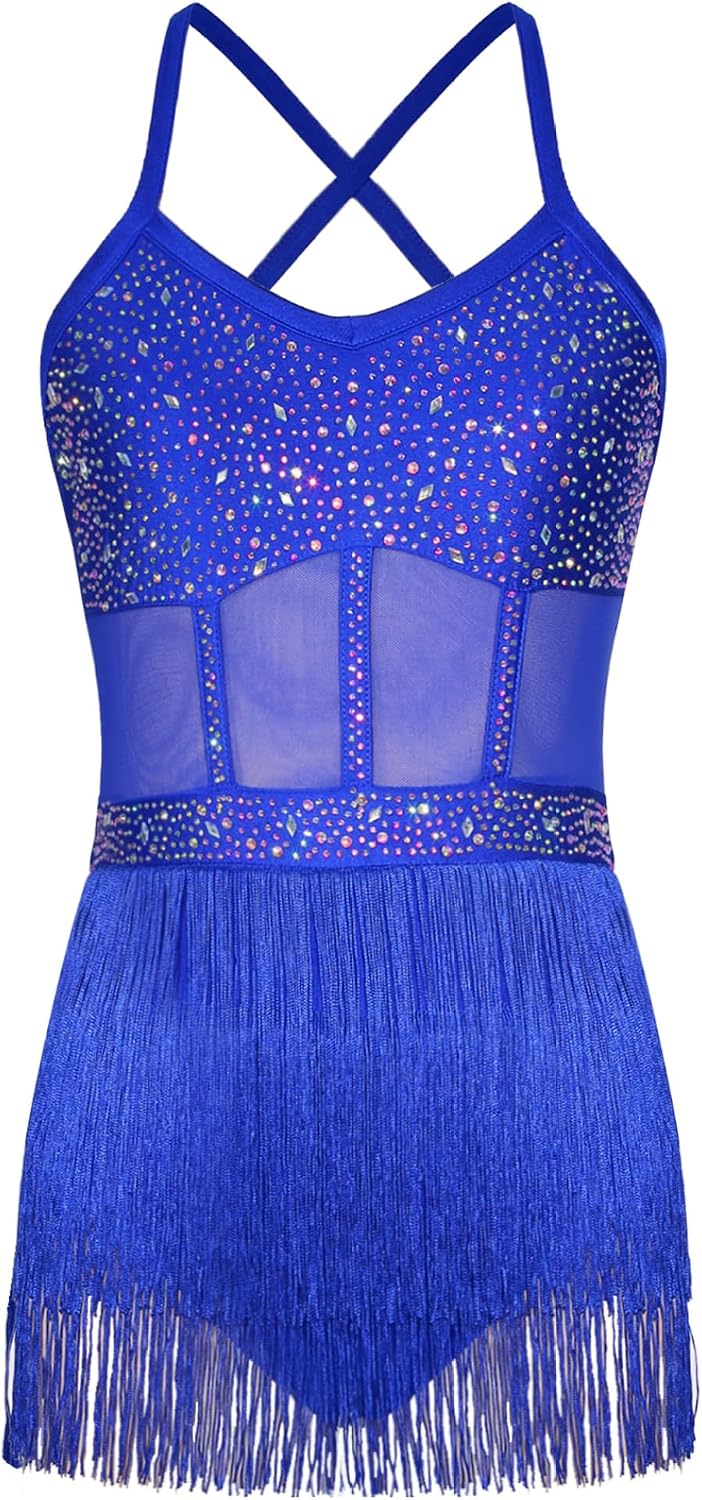 Women's Latin Dance Leotard Sleeveless Tassel Sparkly Bodysuit Samba Salsa Tango Ballroom Dancewear