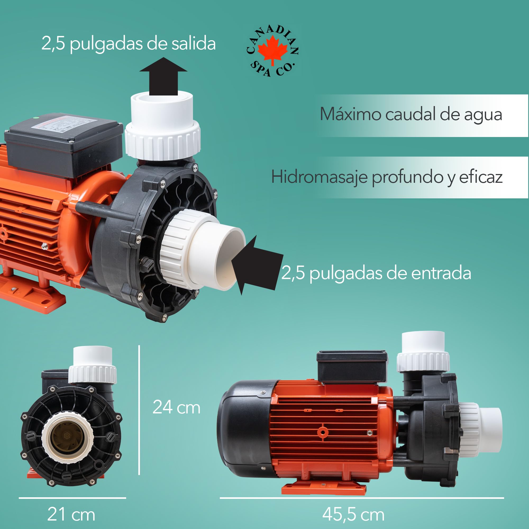 CANADIAN SPA CO. Bomba de masaje Big Red 5PS WP500-I, bomba de piscina de 1 nivel, conexión de 2,5 a 2,5 pulgadas, máx. 1120 litros por minuto, hidromasaje