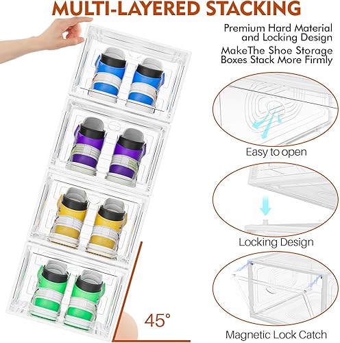 Miniatura 3 de Paquete de 6 organizadores gruesos para zapatos, apilables, caja de almacenamiento de zapatos resistente mejorada con puerta magnética, contenedores