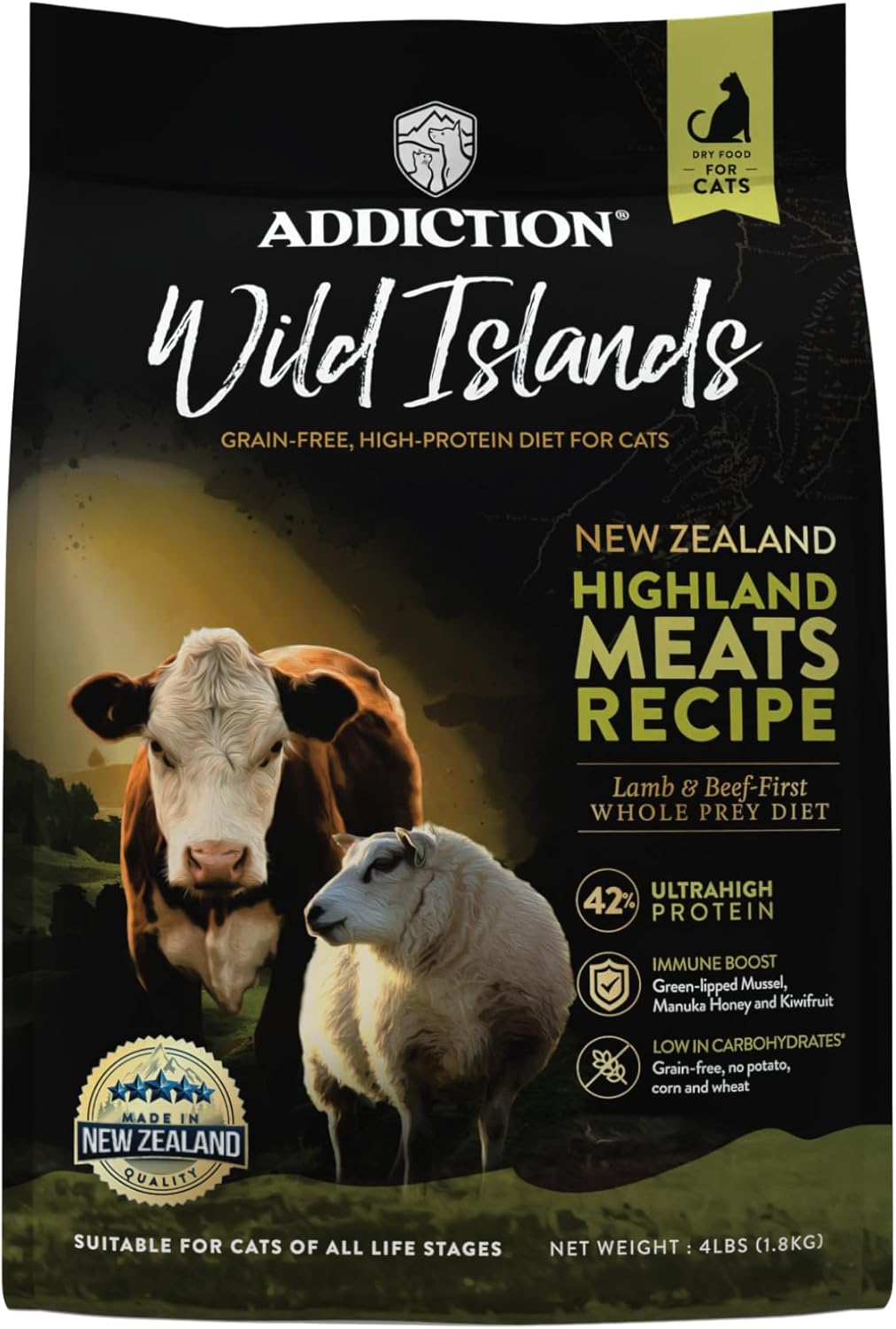 Addiction Wild Islands Highland Meats – Premium Grass-Fed Lamb & Beef Recipe – High-Protein, Whole Prey, Grain-Free Dry Cat Food for All Life Stages – 4lbs