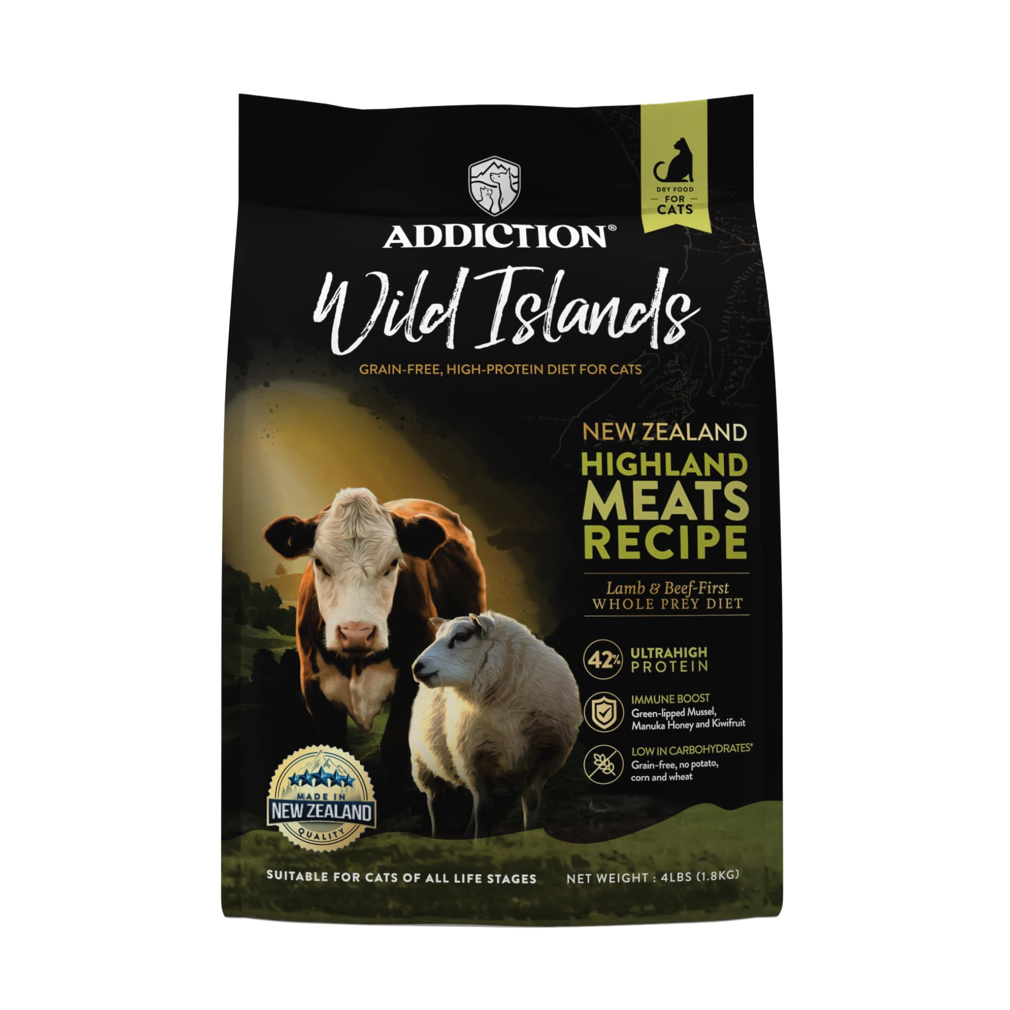 Addiction Wild Islands Highland Meats – Premium Grass-Fed Lamb & Beef Recipe – High-Protein, Whole Prey, Grain-Free Dry Cat Food for All Life Stages –